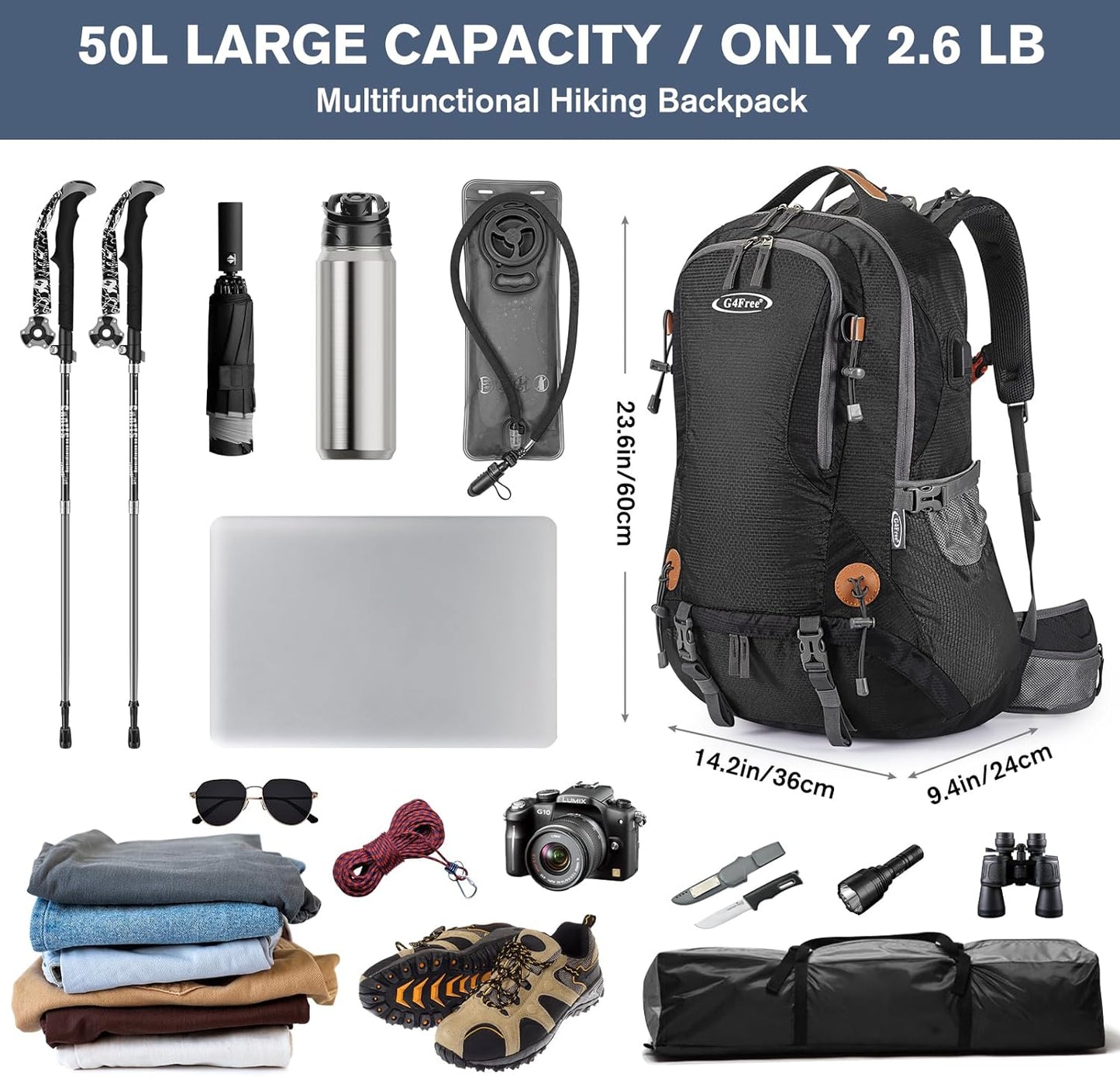 G4Free 50L Hiking Backpack Waterproof Daypack Outdoor Camping Climbing Backpack with Rain Cover for