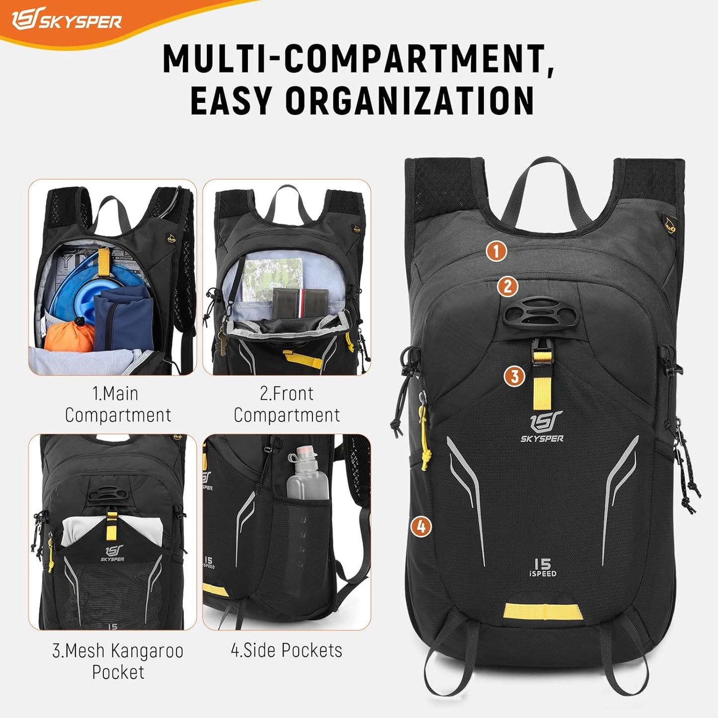 SKYSPER Small Hiking Backpack 15L Lightweight Day Pack Travel Hiking Daypack for Women Men(Black)