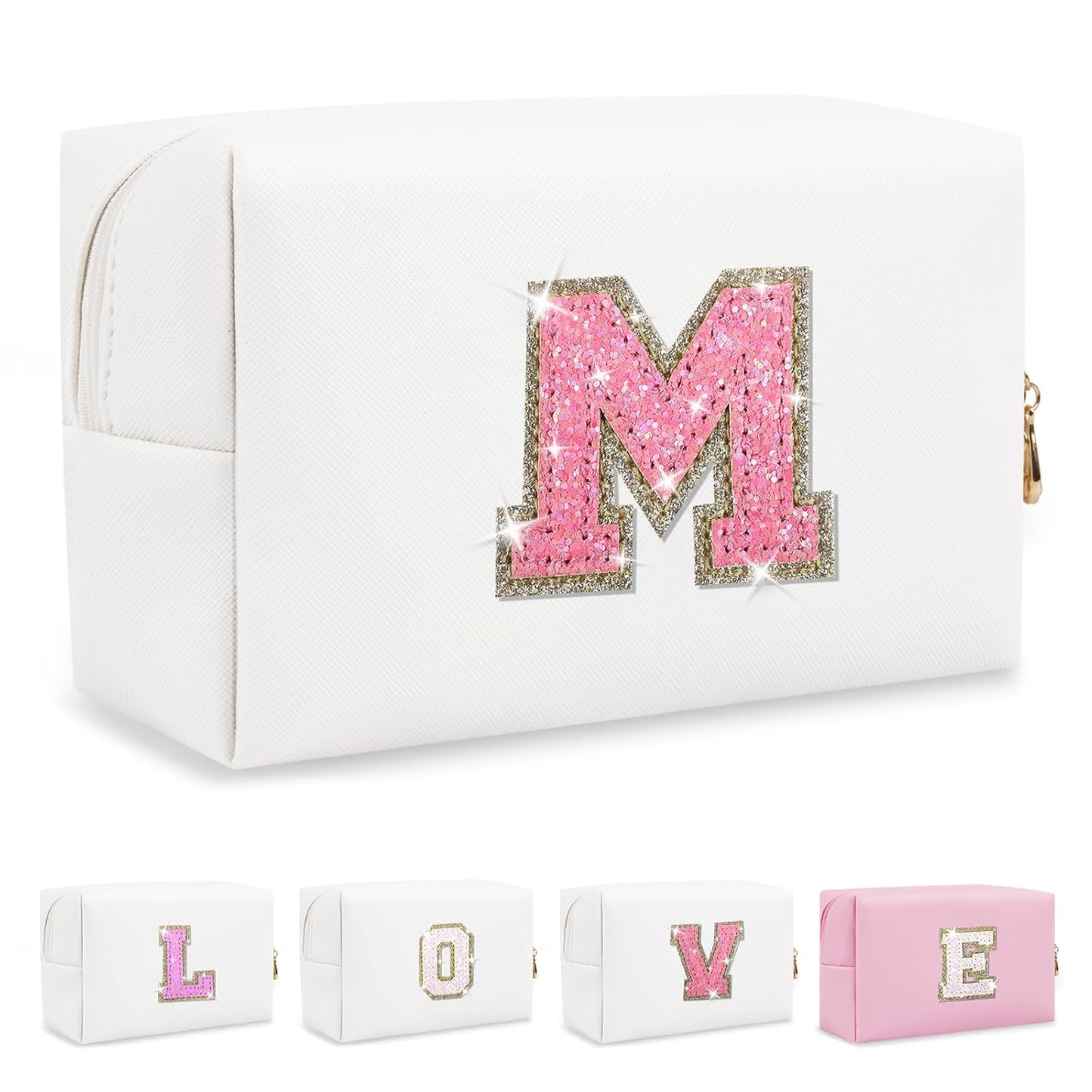 Small Initial Patch Makeup Bag Personalized Gifts Make Up Bag,White Cute PU Leather Glitter Letter Cosmetic Bag with Zipper,Trendy Portable Travel Toiletry Pouch,Preppy Stuff for Teen Girls Women M