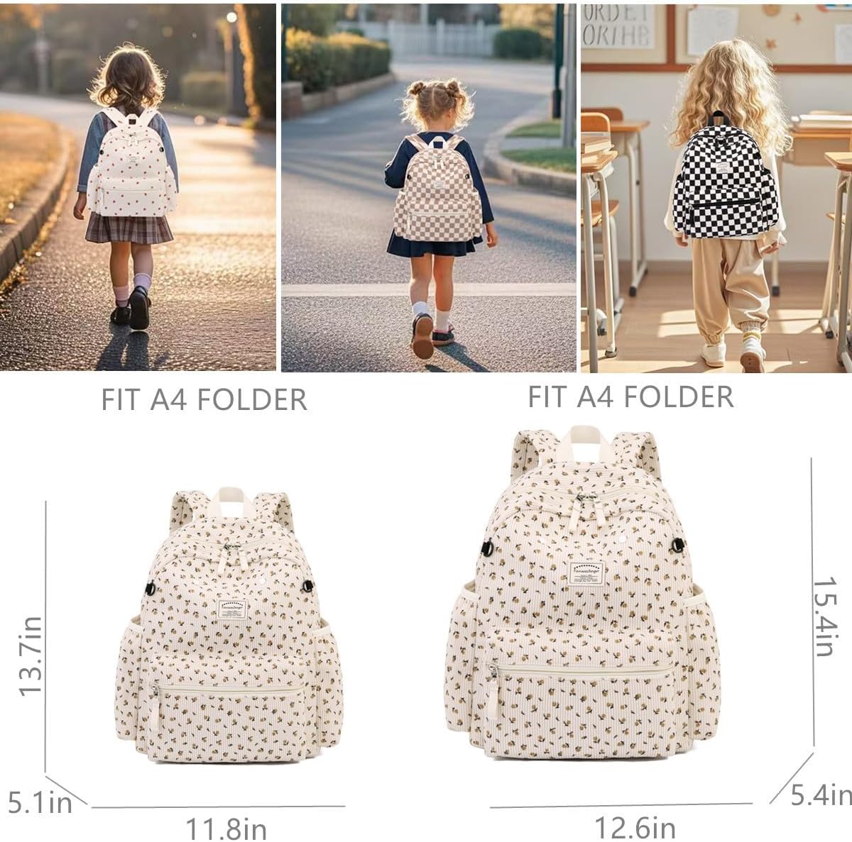 Corduroy Kids Backpack for Boys Girls Backpacks for Primary Elementary Kindergarten 6-10(Flower Beige, Medium (15" H Fit A4 Folder))