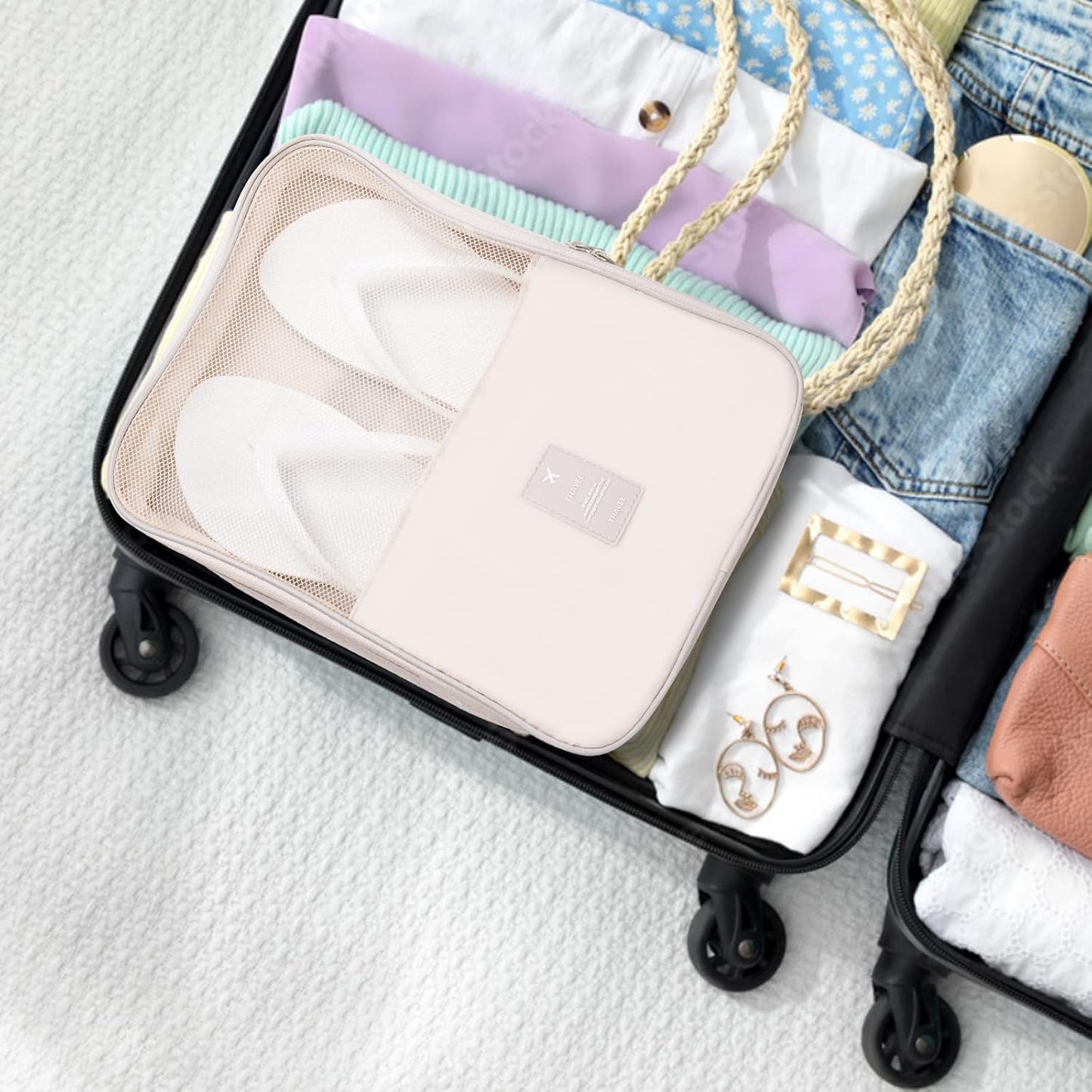 Shoe Bag for Travel, Travel Shoe Bag for Packing, Hold 3 Pairs of Shoes, Travel Essentials for Flying Shoe Organizer Shoe Storage Bag for Travel Light Beige
