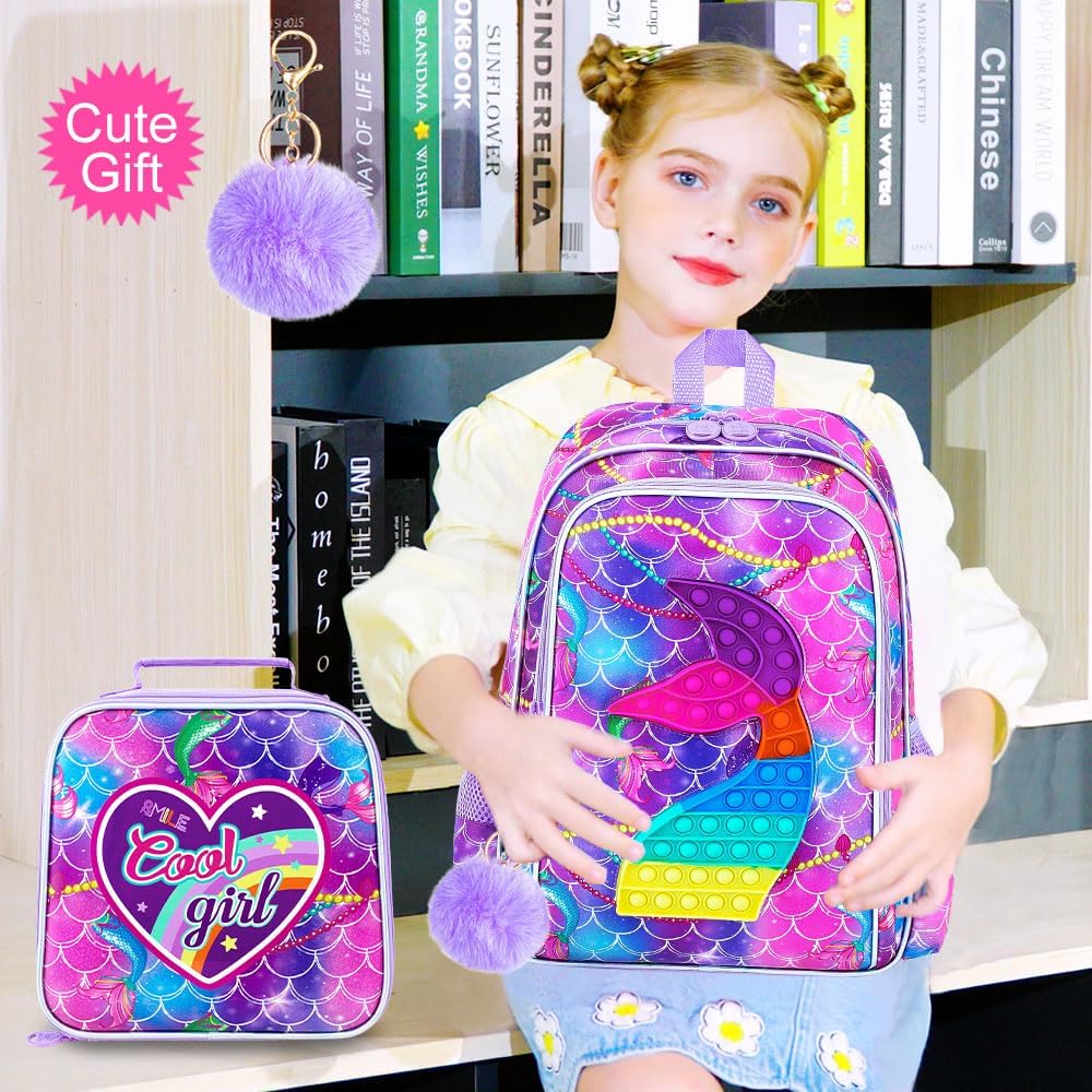 AGSDON 3PCS Mermaid Backpack for Girls, 16" Kids Backpacks with Lunch Box, Water Resistant Girl Bookbag for School Elementary
