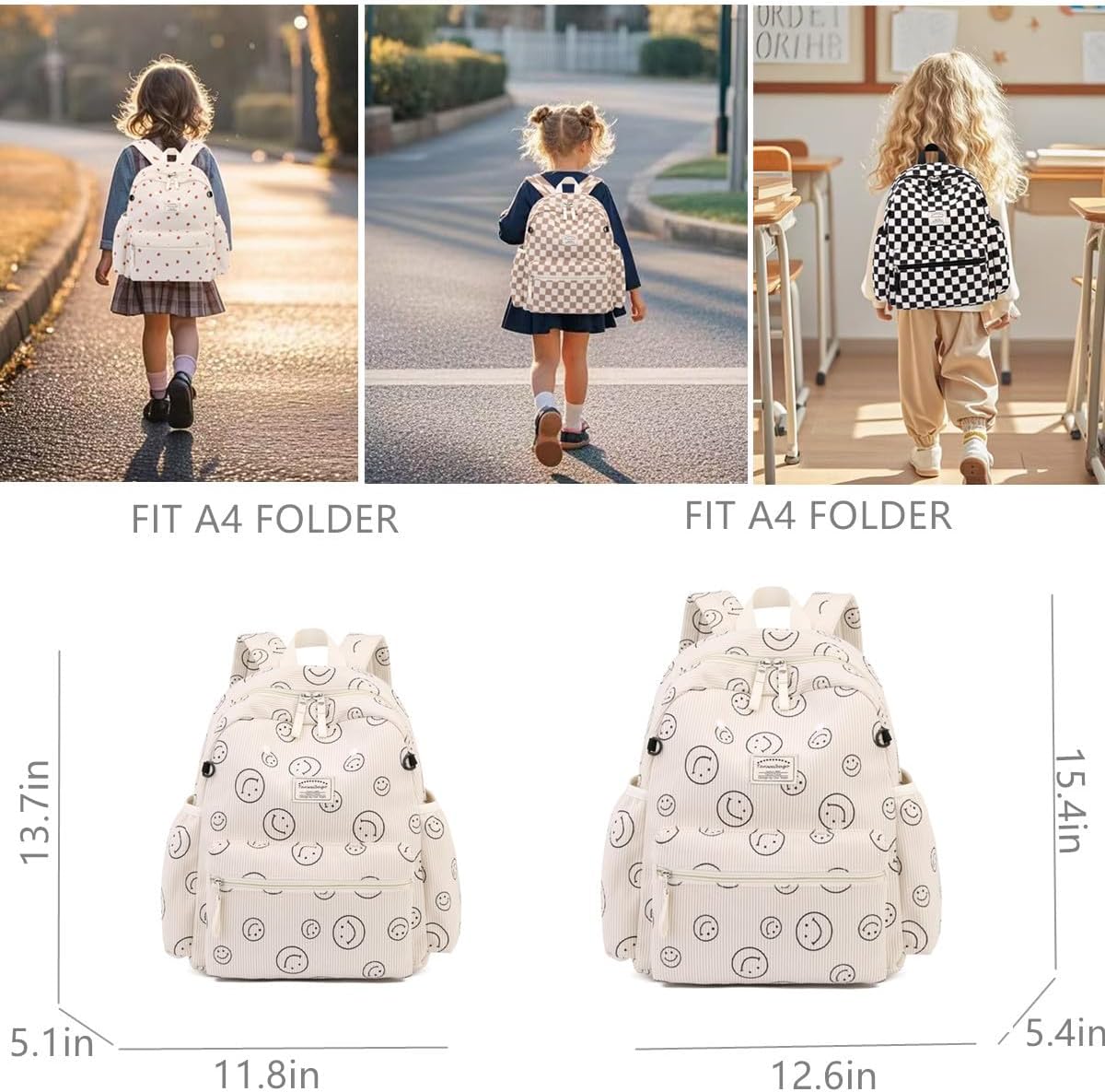 Corduroy Kids Backpack for Boys Girls 2-5 Toddler Backpacks for Primary Elementary Kindergarten (Smile Beige, Small (13.7" H Fit A4 Folder))