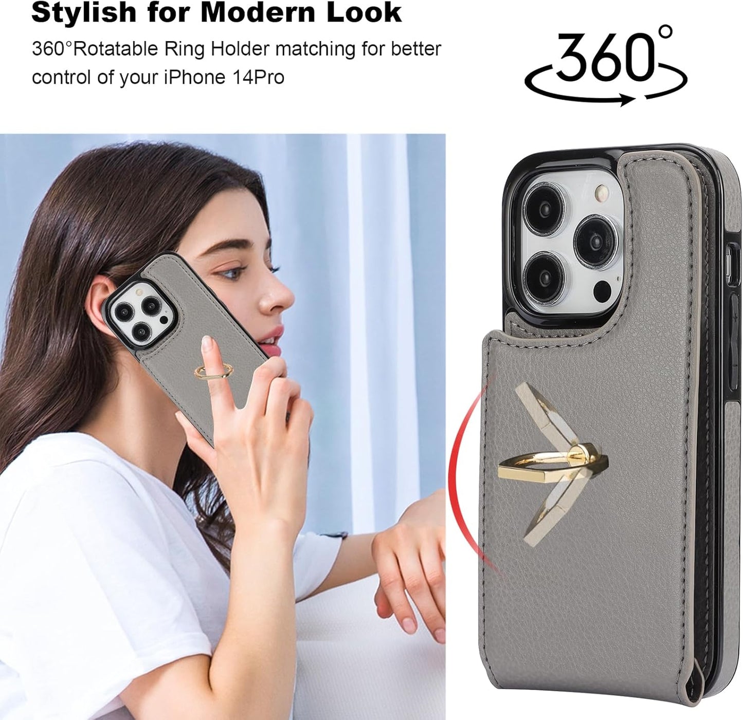 Folosu Compatible with iPhone 14 Pro Case Wallet with Card Holder, 360°Rotation Finger Ring Holder Kickstand, RFID Blocking Leather Protective Double Buttons Shockproof Cover 6.1 Inch Gray