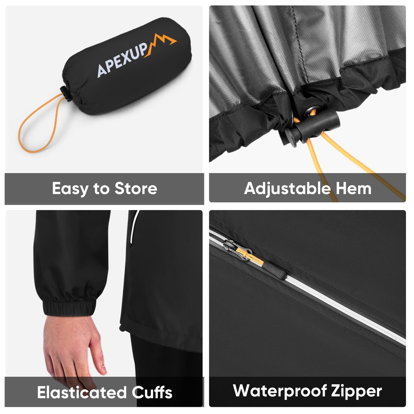 APEXUP Packable Rain Jacket Men with Reflective Zipper, Lightweight Waterproof Jacket Windbreaker