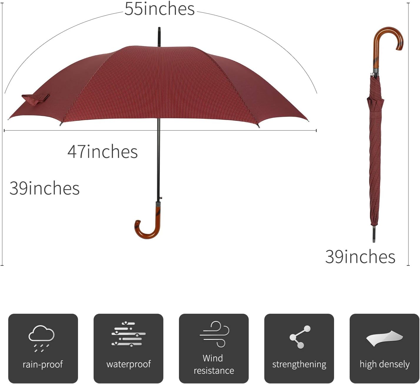 TIME LOVER Stick Umbrella Oversize Windproof Umbrella Wooden Hook Handle J Stick Automatic Open Fast Drying Umbrella for Men Women(Red stripe)