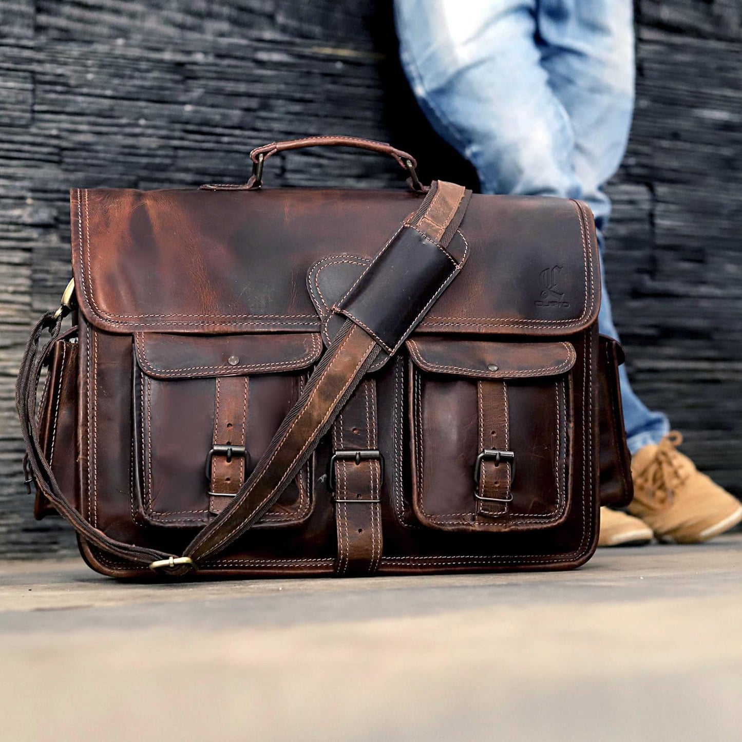 cuero Leather Messenger Bag for Men, 14 Inch Laptop Bag, Crossbody Bag Men, Vintage Handmade Leather Satchel Bag Full Grain Business Briefcase Shoulder Bag for Office/Work/Travel - Brown