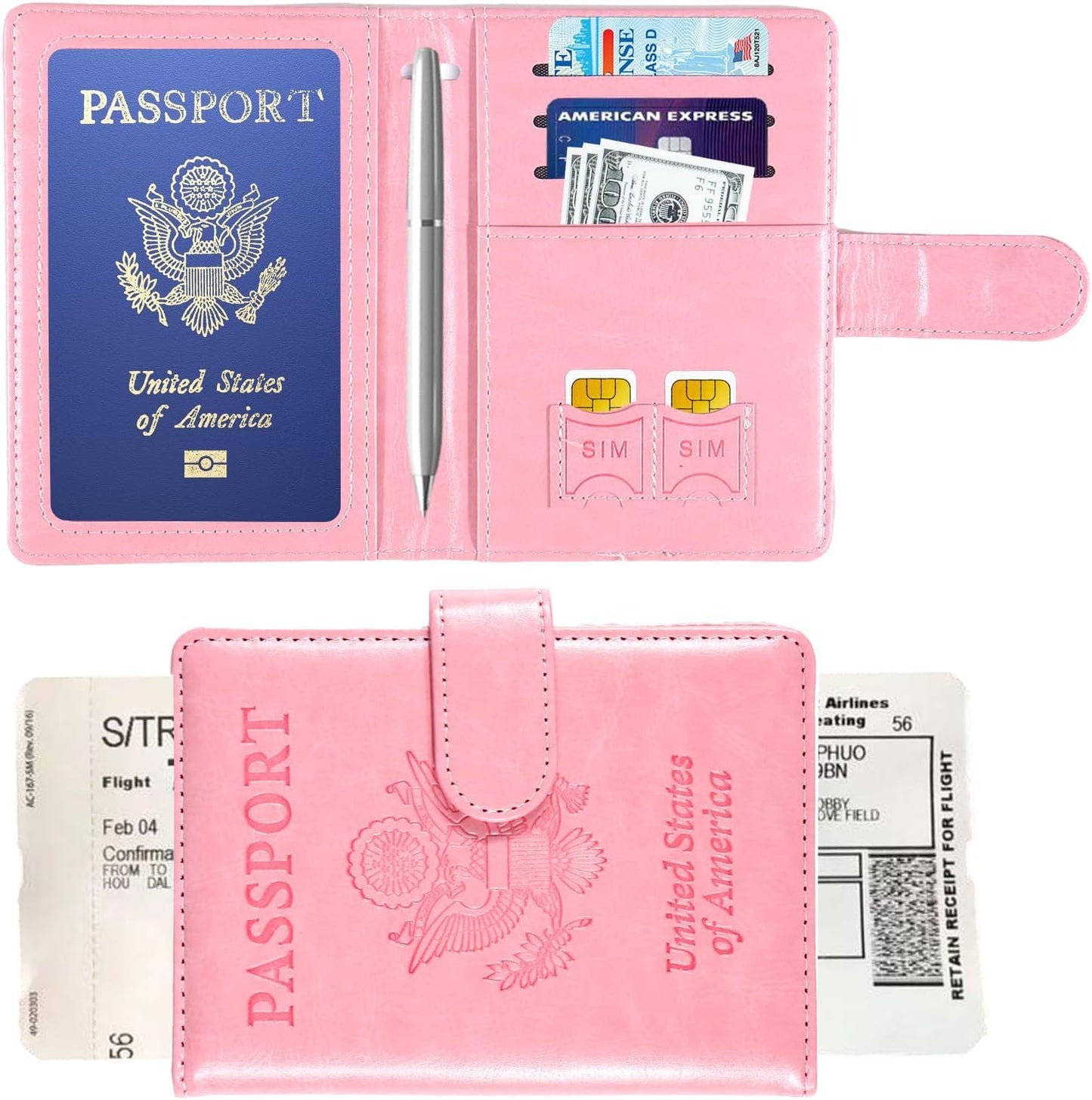 Sizobi Passport Holder for Travel, RFID Passport Cover Wallet for Women Men, Leather Passport Book Card Holder Case for International Travel Must Haves Accessories, Cruise Ship Essentials Gifts, Pink