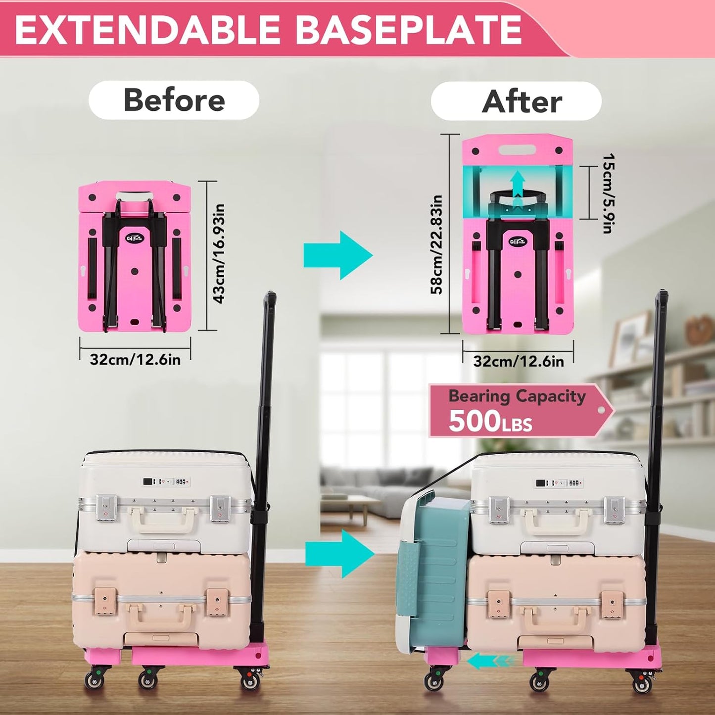 Folding Hand Truck Lightweight Hand Truck Dolly Foldable,Luggage cart with 6 Rotate Wheels, Utility Cart with Adjustable Handle,Collapsible Dolly for Moving-Pink