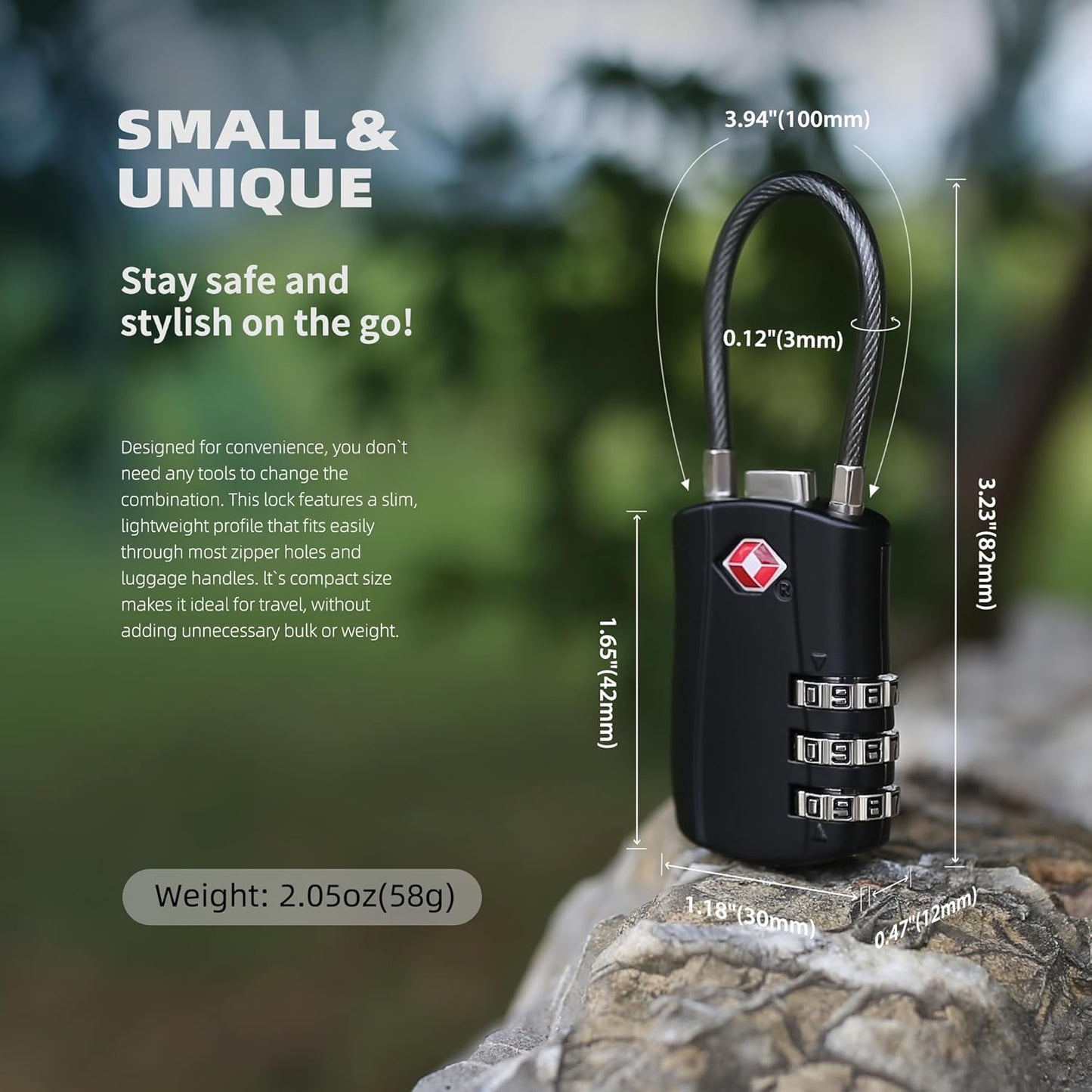 TSA Locks for Luggage, Small Padlock Combination with Cable, Luggage Locks TSA Approved, Combo Padlock with Code, for Travel Suitcase, Gym Locker, Gun Case, Backpack Zipper (Black+Black)