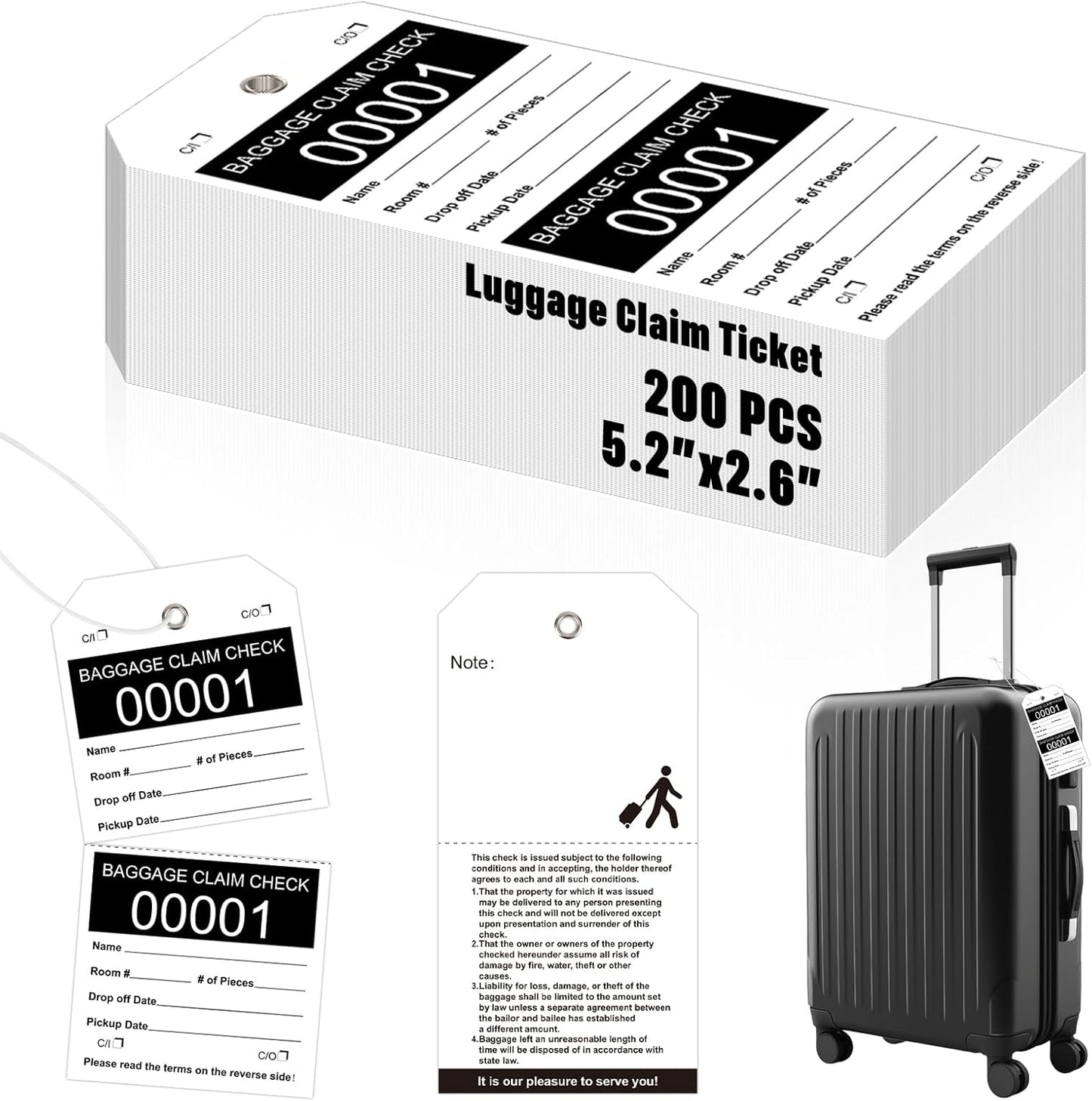 200 Pcs Baggage Claim Tag Hotel Luggage Tag Bulk with White String Paper Baggage Claim Check Tags Perforated Claim Ticket Black Luggage Id Tickets Serial Numbering for Hotel Motel Bag Storage