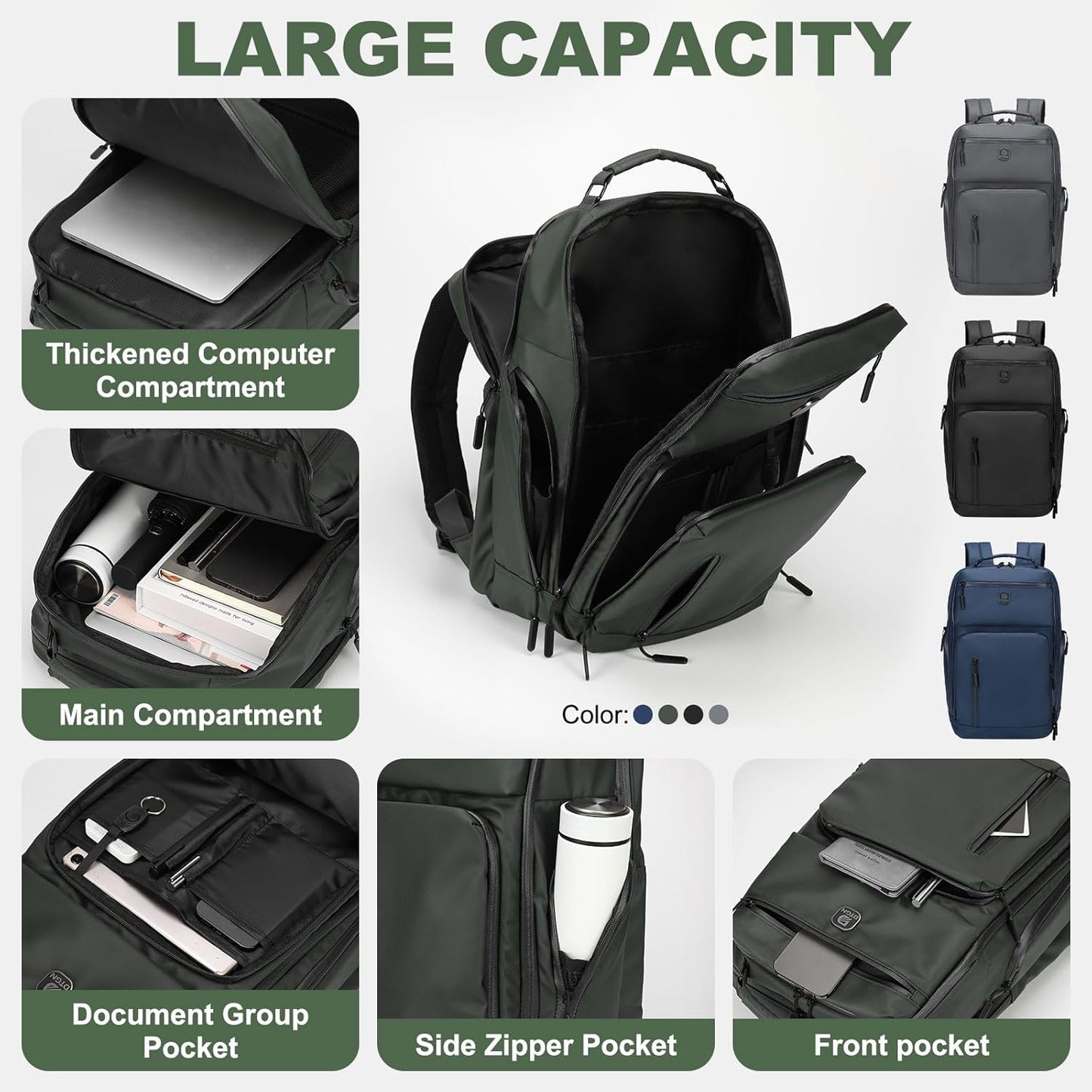 Large Capacity Water Resistant Laptop Backpack, 17 Inch Airplane Approved Durable Bag for College, Business Travel, Green