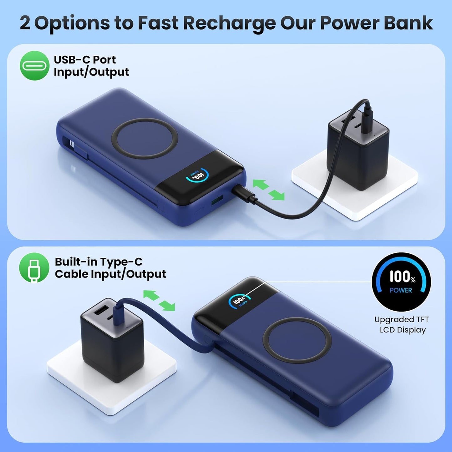 Wireless Portable Charger 40800mAh with Built-in Cables, 15W Wireless Charging USB C Power Bank, 25W PD QC 4.0 5 Outputs Travel Essential Battery Pack for iPhone 17/16/15/14/13, Samsung, Android etc