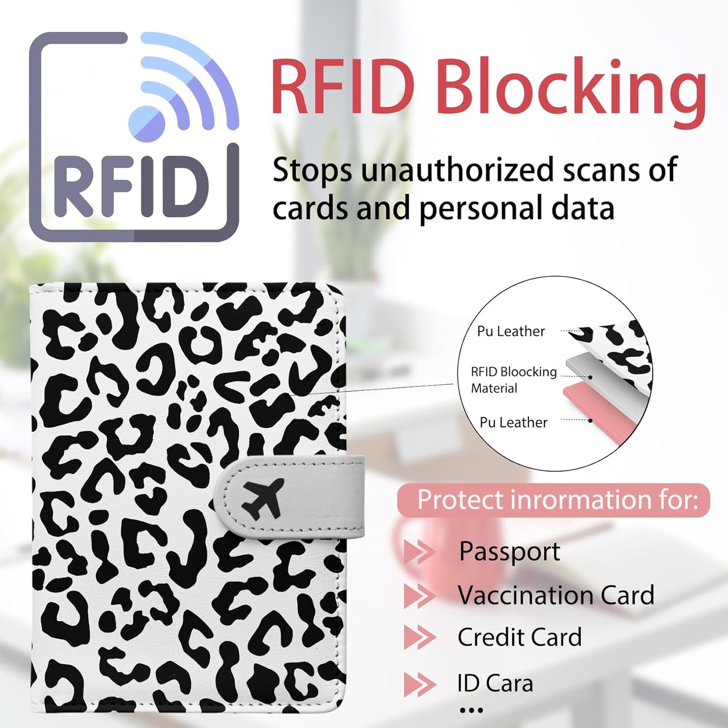 Passport Holder, Travel Wallet Cover with Pen Loop | Cute RFID Blocking Leather Case with Magnetic Closure for Travel Essentials-Leopard