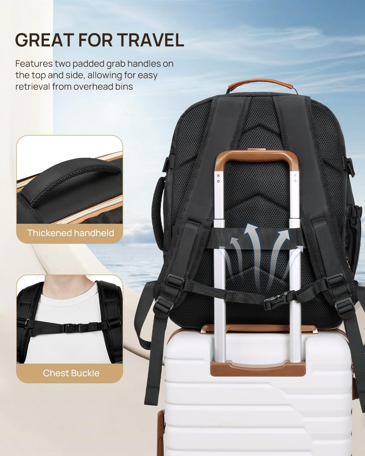Telena Travel Backpack for Women, 17.3 inch Laptop TSA Carry On Personal Item Size Flight Approved Travel Bag Daypack with Multi-Pockets for Work, Travel, Business, Black-Beige-Brown