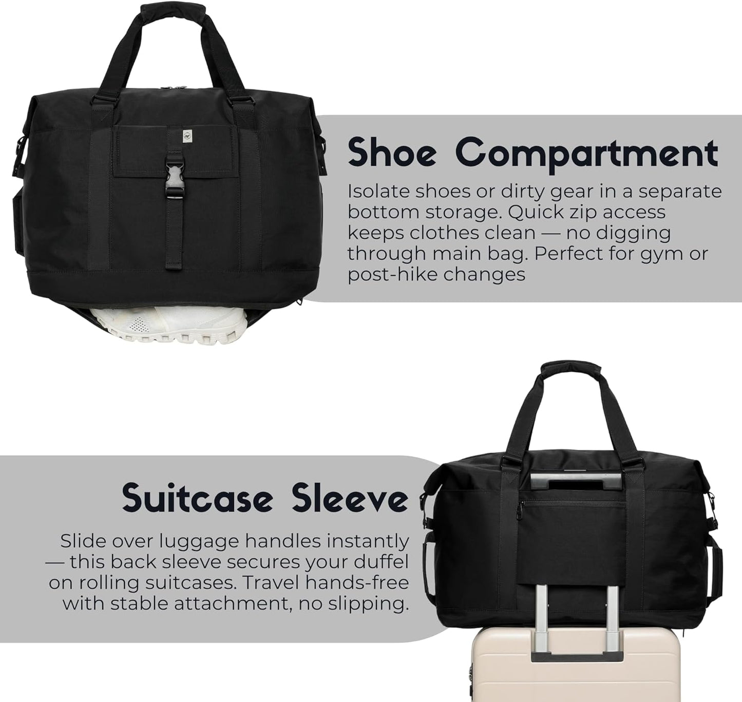 SUNNY BIRD Duffel with Utility Pouch, 40L Weekender Overnight Bag with Shoe Compartment for Travel and Sports (Black)