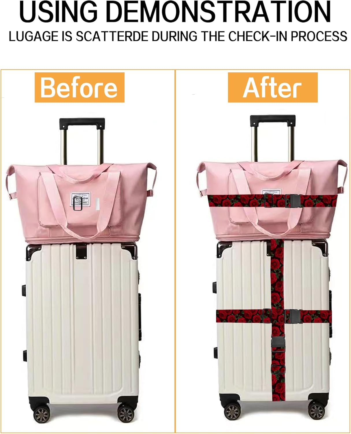 Luggage Straps for Suitcases, Adjustable Travel Belt, Durable Wide Luggage Strap, Cute Suitcase Strap Identifiers with Buckle, Bag Straps for Luggage, Luxury Roses