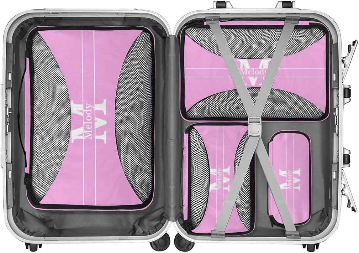 Personalized Name 4 Set Packing Cubes Pink Luggage Packing Organizers Travel Accessories for Women Girls with Initial Letter
