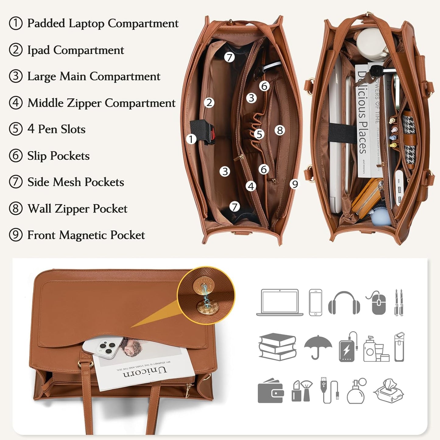 RAINSMORE Laptop Bag for Women 15.6 Inch Work Tote Bags Leather Laptop Tote Waterproof Computer Bag
