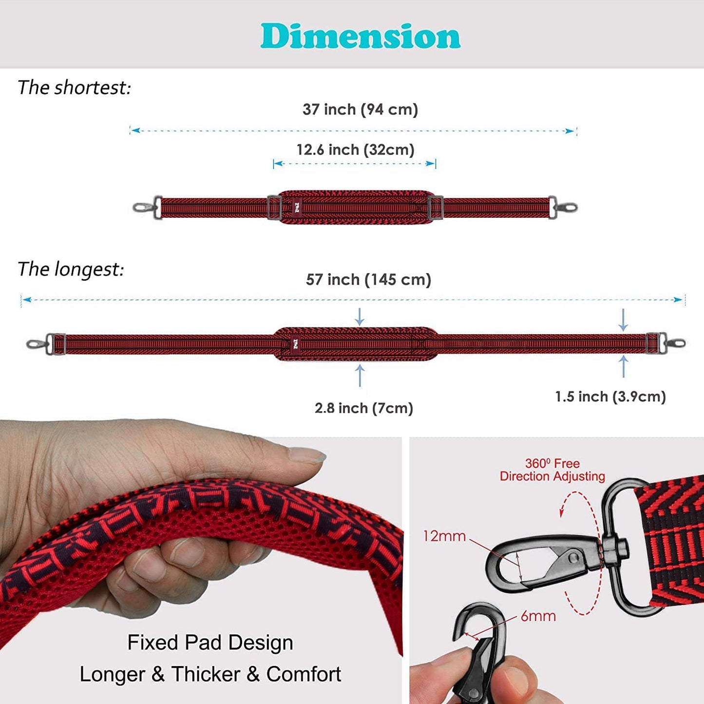 ZINZ Shoulder Strap, 57" Padded Adjustable Shoulder Bag Straps Replacement for Bags with D-Ring（TH01B02）