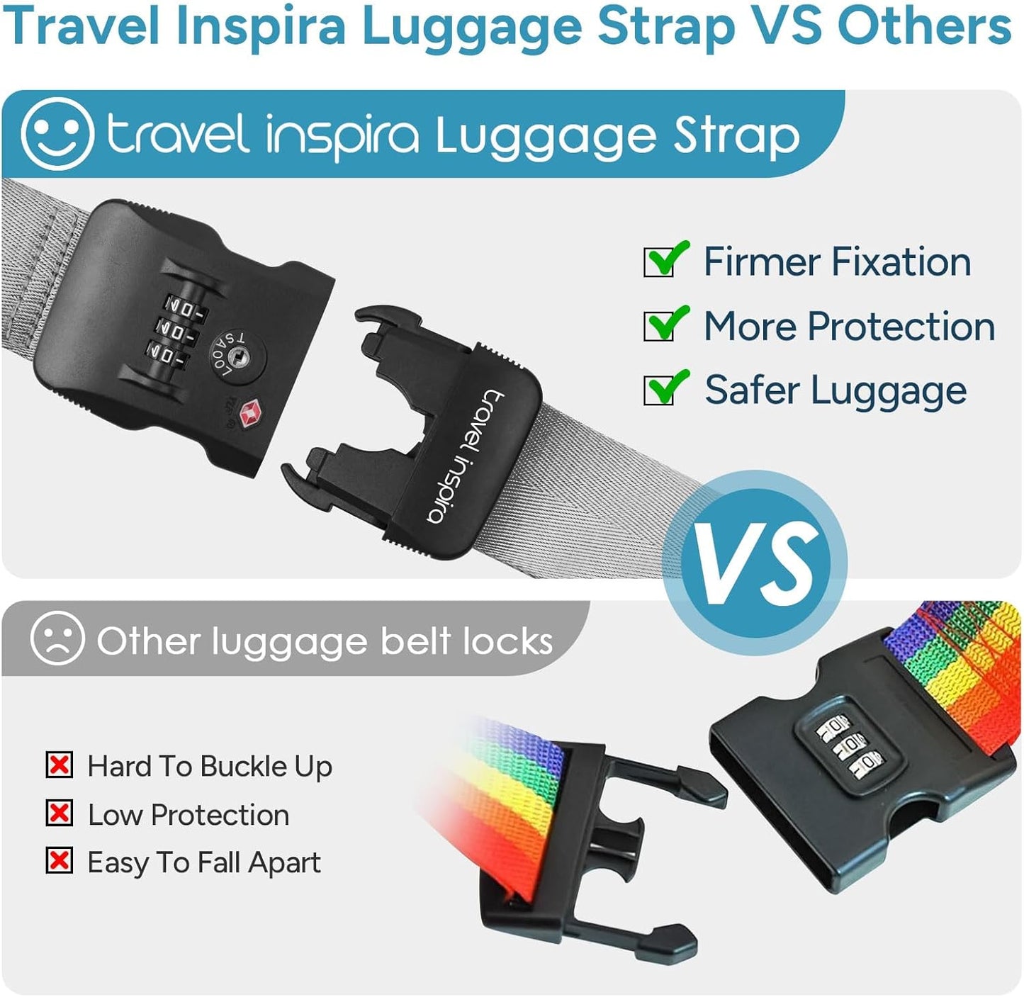 Travel Inspira Travel Belt for Luggage, TSA Approved Luggage Straps, 3-Dial Combination Locks Adjustable Suitcase Belt, Quick-Release Buckle (Grey)