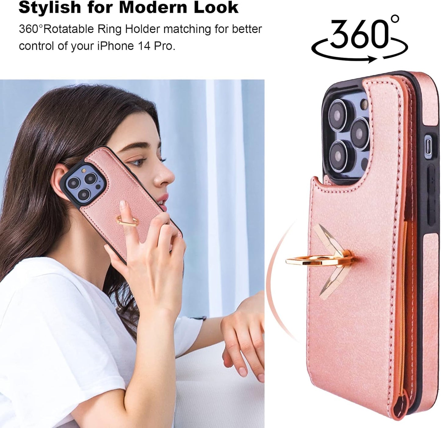 Folosu Compatible with iPhone 14 Pro Case Wallet with Card Holder, 360°Rotation Finger Ring Holder Kickstand, RFID Blocking Leather Protective Double Buttons Shockproof Cover 6.1 Inch Rose Gold