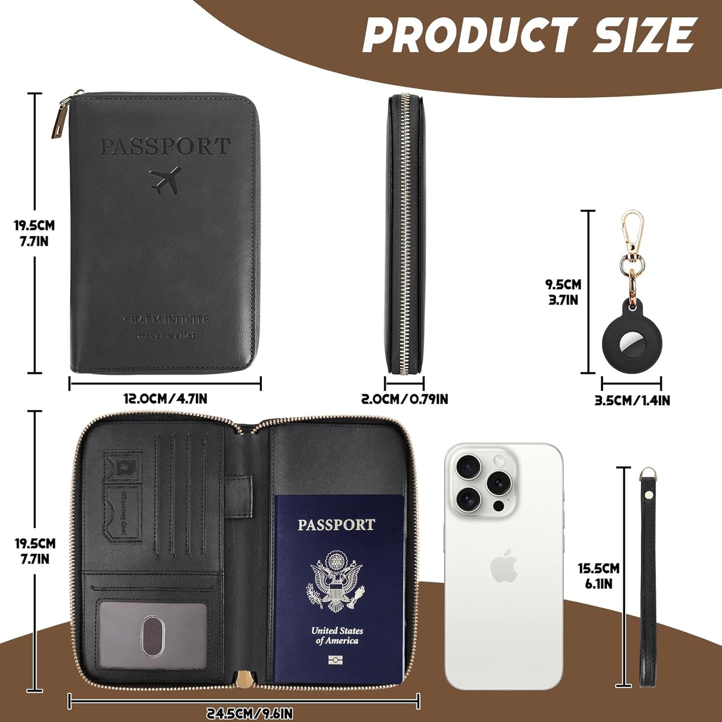 Passport Holder Wallet with Tracker Case, RFID Blocking PU Leather Passport Cover, Travel Document Organizer Wallet for Men and Women (Brown)