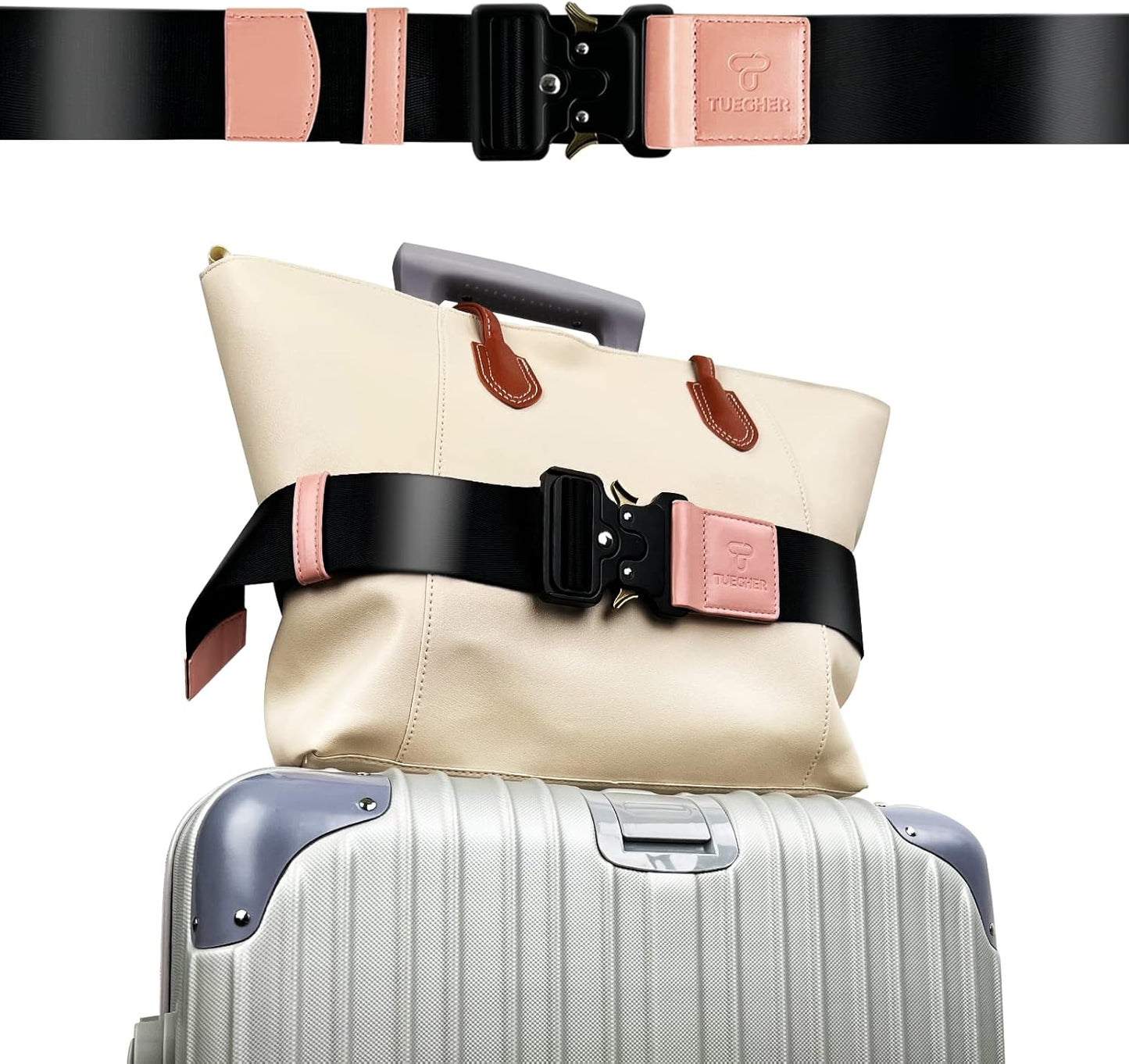 Luggage Straps for Carry On, Vethers Add a Bag Travel Belt, Hands Free Luggage Helper, Adjustable and Stylish Belt with Metal Buckles for Second Bag, Tote, Airport Travel Accessory (Pink)
