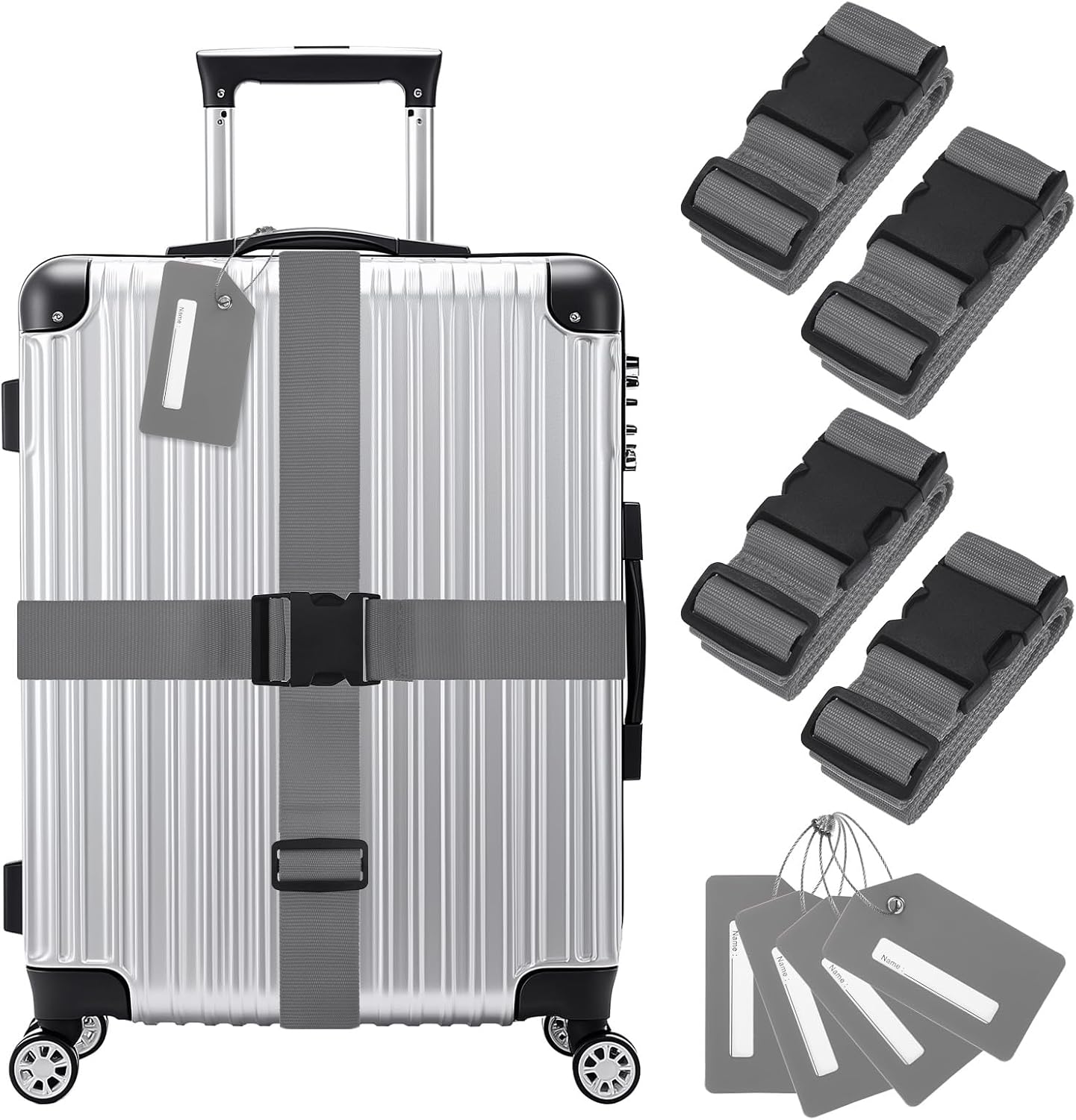 4-Sets Luggage Straps TSA Approved, Travel Straps for Luggage Suitcase Tags Set, Adjustable Suitcase Belt [Gray]