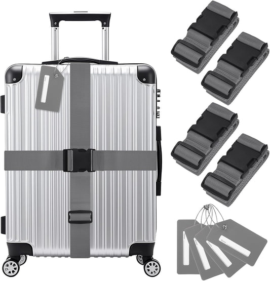 4-Sets Luggage Straps TSA Approved, Travel Straps for Luggage Suitcase Tags Set, Adjustable Suitcase Belt [Gray]