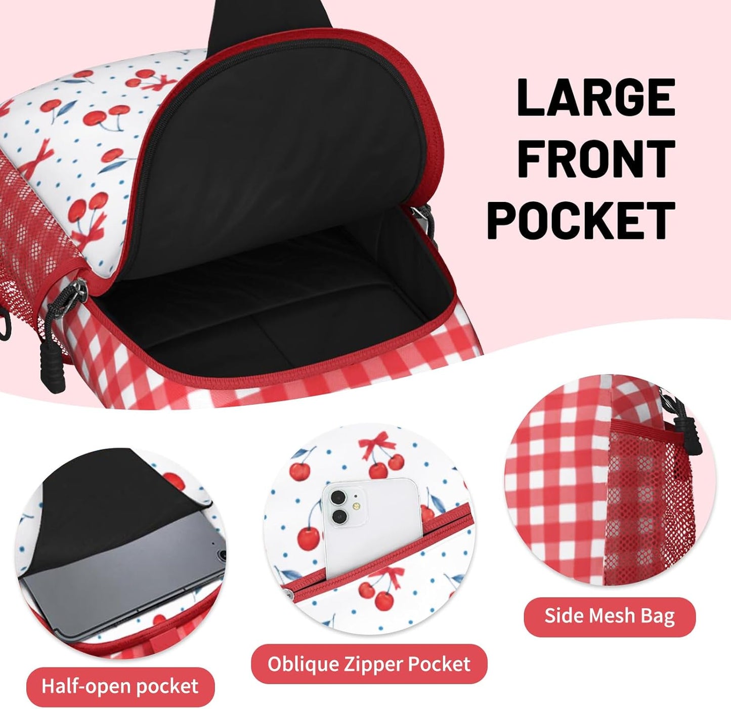 Red Cherry Plaid Sling Bag Crossbody Chest Bag for Women Men, Water Resistant Lightweight Casual Crossbody Bag with Adjustable Strap, Travel Hiking Daypack Shoulder Backpack