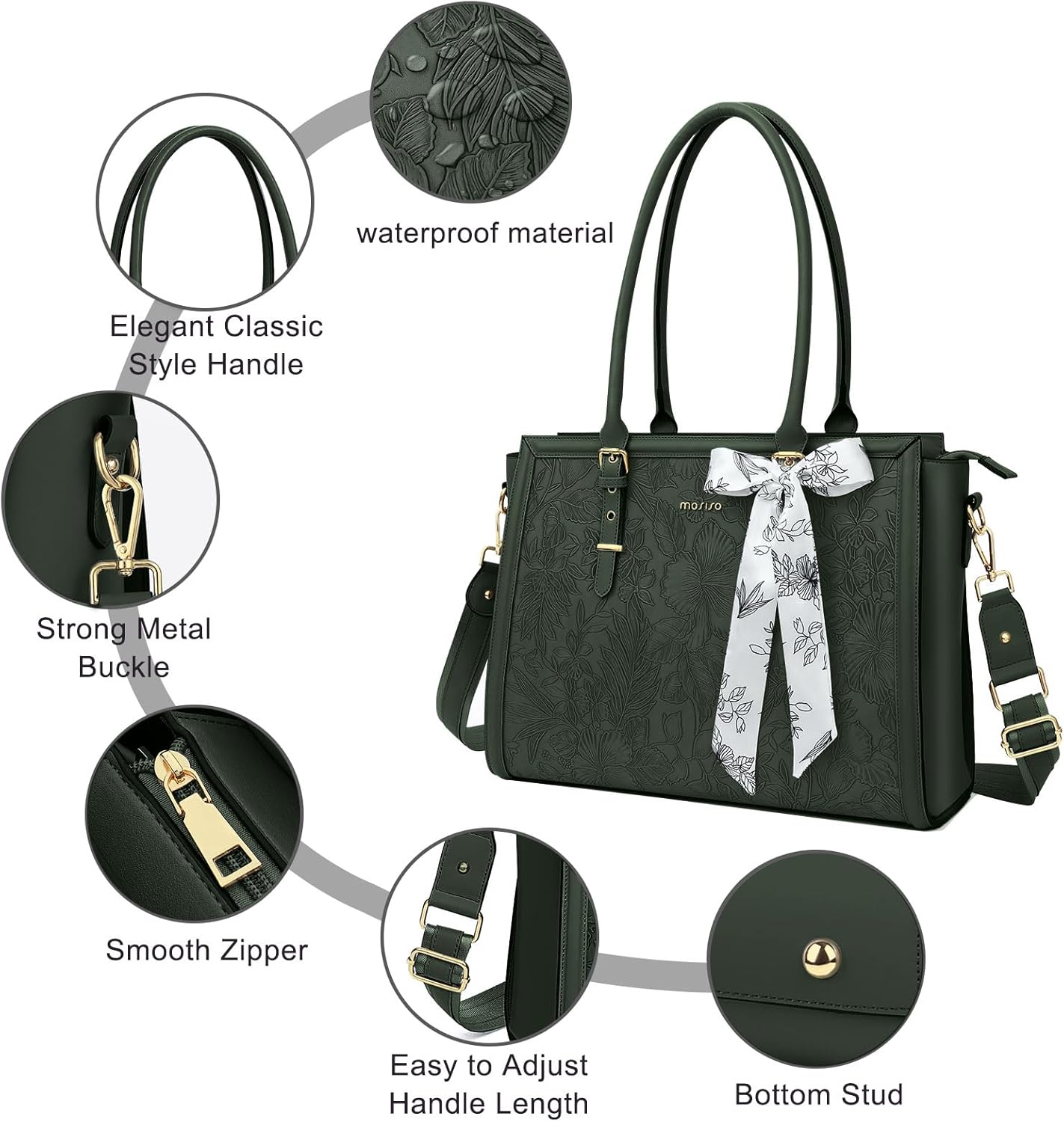 MOSISO Laptop Bag for Women, PU Leather Tote Bag, Front Embossed Retro Hibiscus Computer Bags with Silk Scarf&Clutch Purse