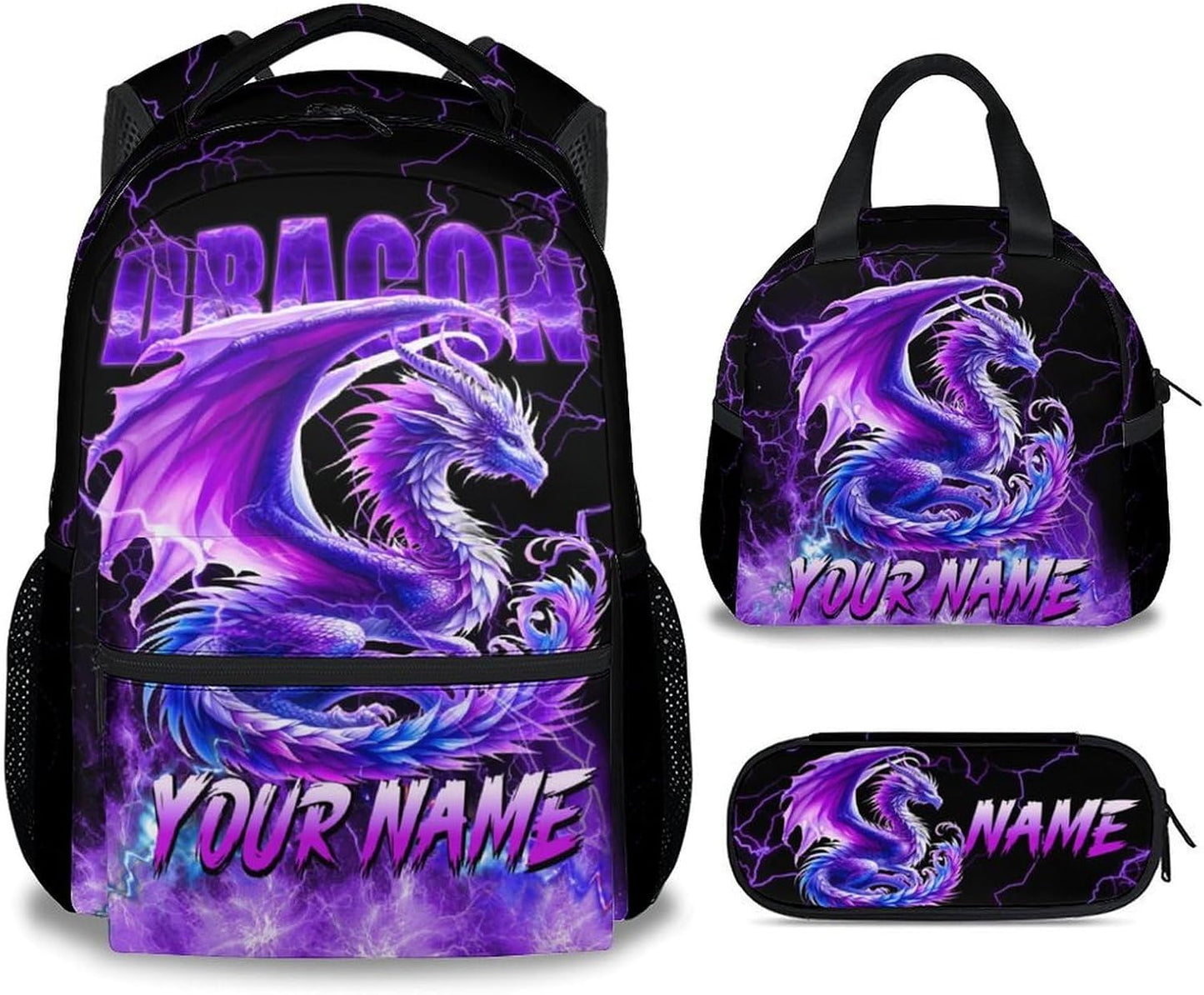 Personalized Kids Backpack with Lunch Box, Dragon Backpack for Girls Boys, 17 Inch Custom School Bag Set for Primary, Large Capacity School Supplies
