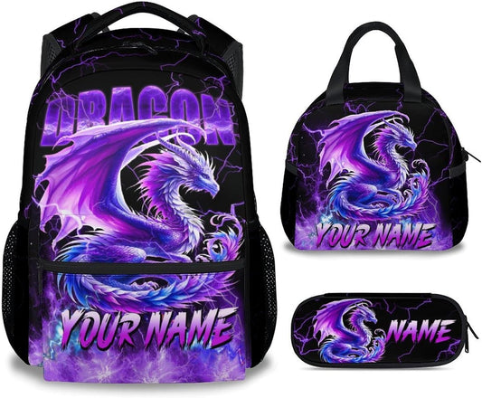 Personalized Kids Backpack with Lunch Box, Dragon Backpack for Girls Boys, 17 Inch Custom School Bag Set for Primary, Large Capacity School Supplies