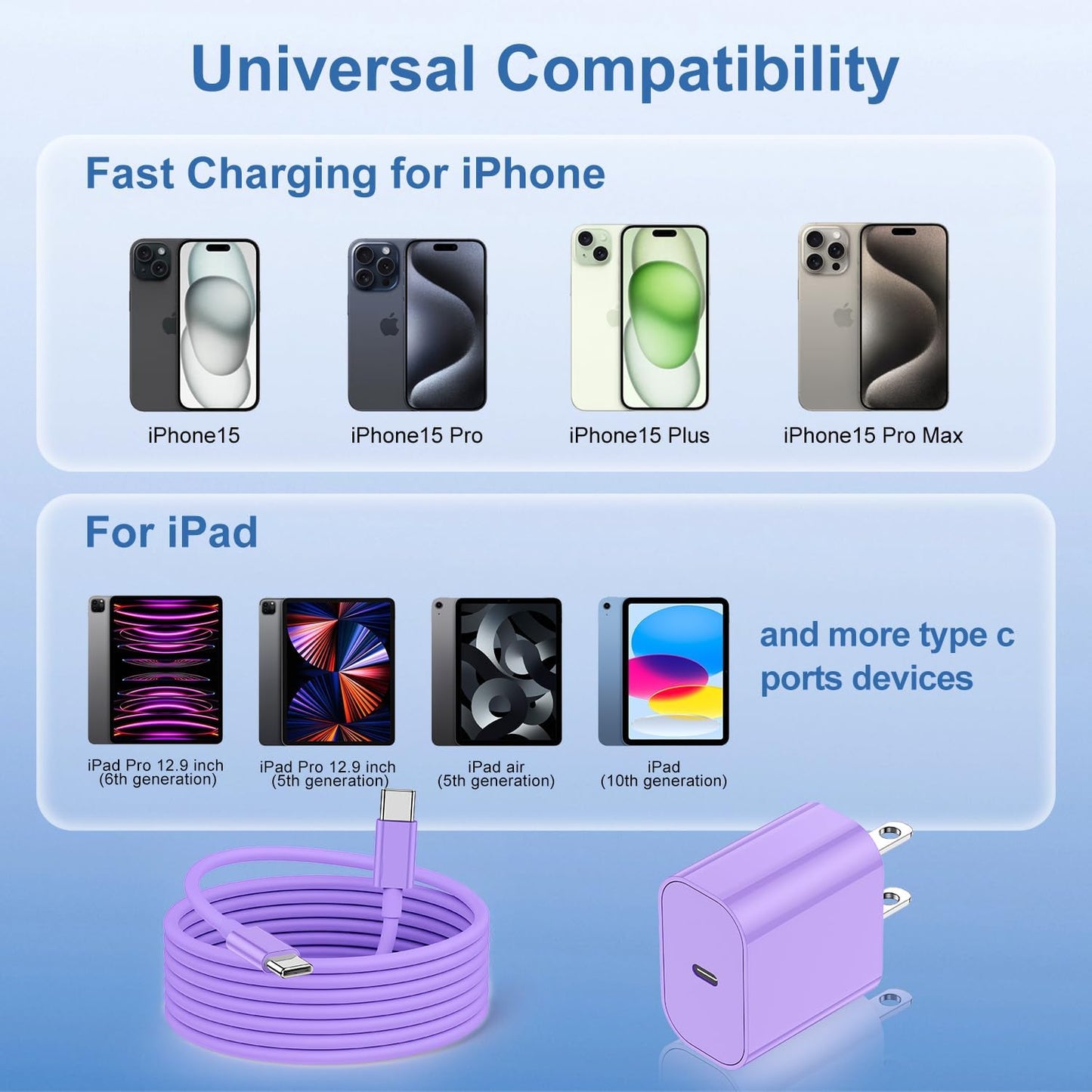 iPhone 17 16 15 Fast Charger Block and 10ft USB C to C Cable Cord Long for Apple iPhone 17 Pro Max/17 Air/16e/16 Plus/15/iPad Mini/Samsung,Type C Wall Charging Power Adapter Plug Cube Brick-Purple