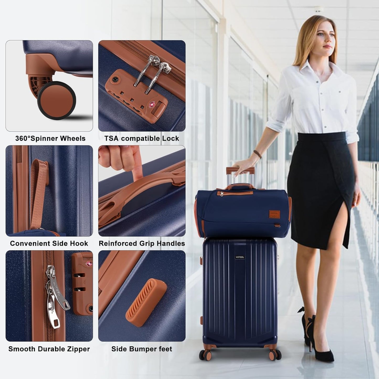Hoteel 3-Piece Luggage Sets (4-YEAR WARRANTY) with Spinner Wheels, TSA Lock, 20 24 28 Inch Hardshell Suitcases for Travel, Lightweight Carry On & Checked Luggage Set （Dark Blue）