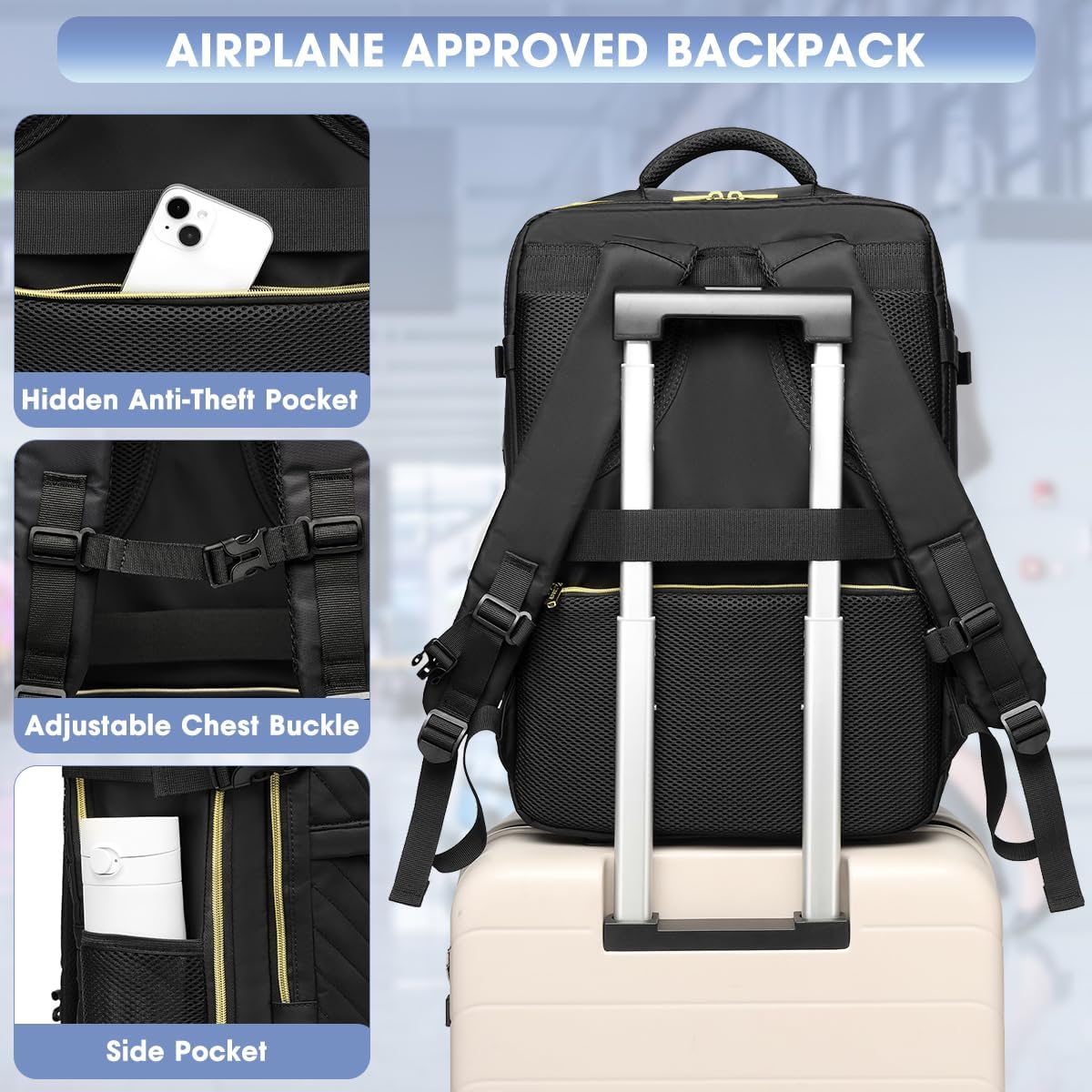 Large Carry On Travel Backpack - Flight Approved Waterproof Anti-Theft Luggage Daypack for Women Men 20 Inch Business Weekender Overnight Backpack College Bag Personal Item Size Black