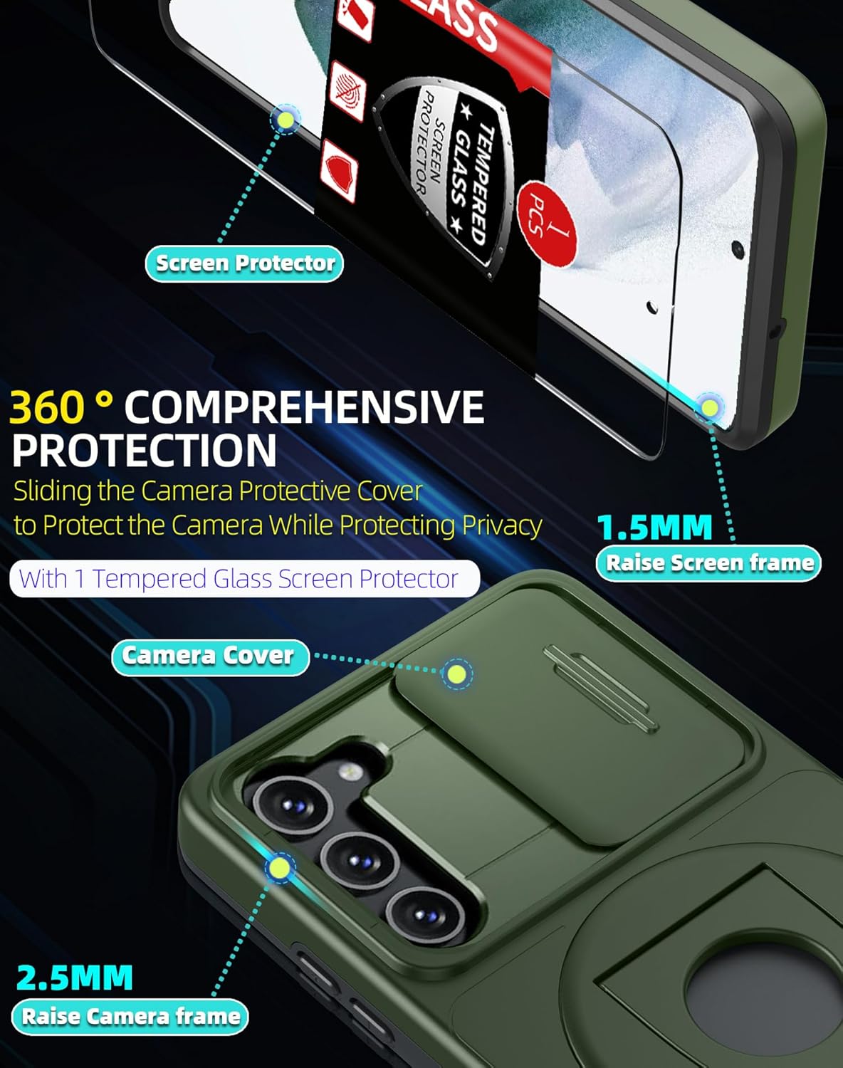 for Samsung Galaxy S21 Case Magnetic Compatible with MagSafe Wireless Charging,with Screen Protector,Built-in Kickstand Ring+Camera Cover Anti-Scratch Shockproof Heavy Duty Protection Green