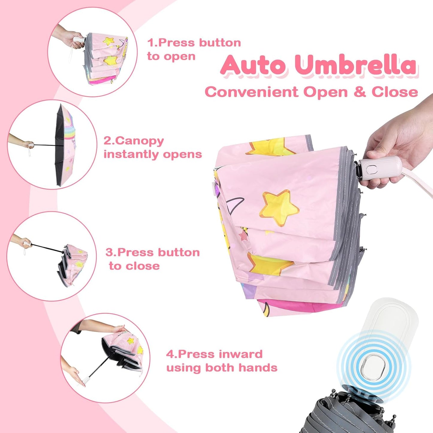 Autoamtic Kids Umbrella UV Resistant, Folding Compact Umbrella 360° Reflective Strip for Travel Outdoor, Lightweight Cute Kids Parasol Anti-rebound Safe for Toddler