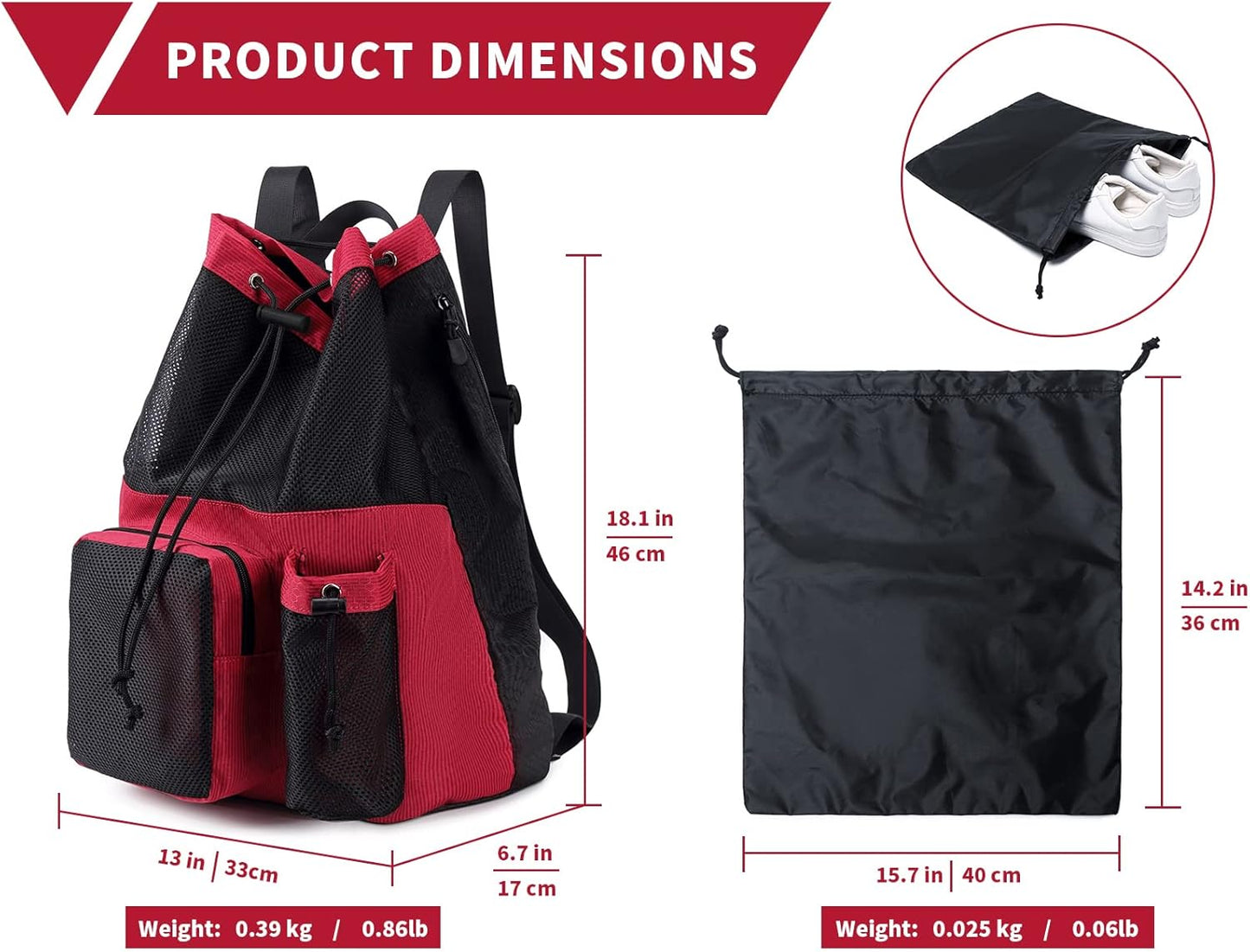 Lohol Large Mesh Drawstring Backpack with Shoe Bag, Durable Swimming String Sack with Handle for Sports Gym Yoga Beach Travel