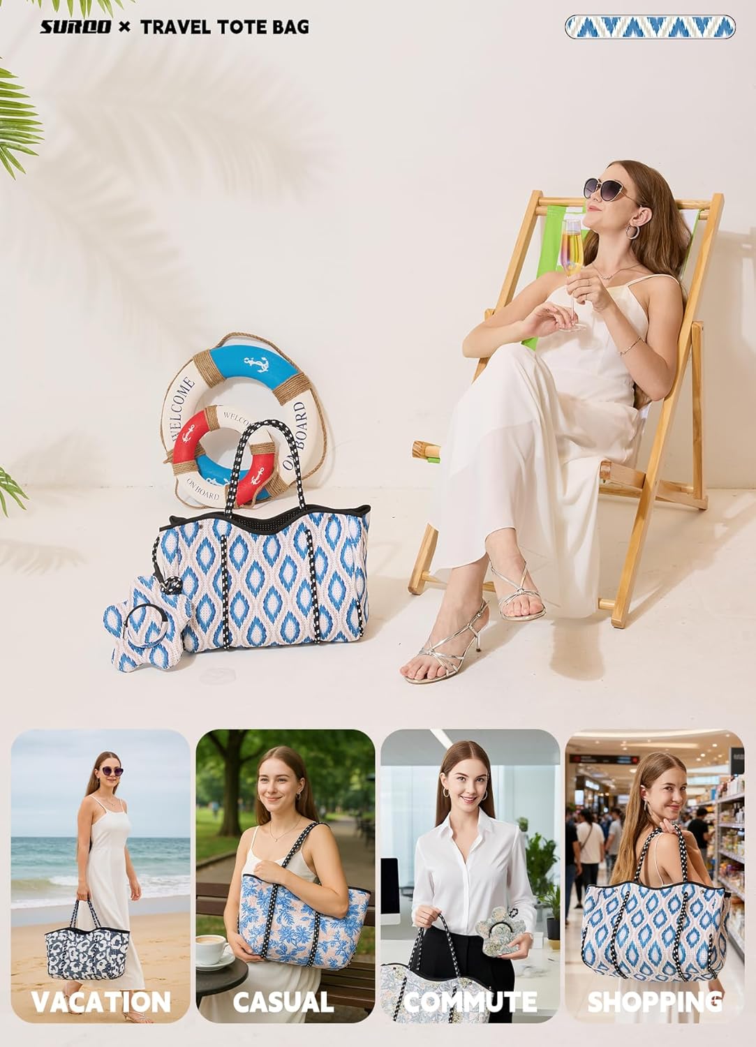 Neoprene Beach Bag for Women, Large Travel Tote Gym & Pool Bag, Detachable Pouch