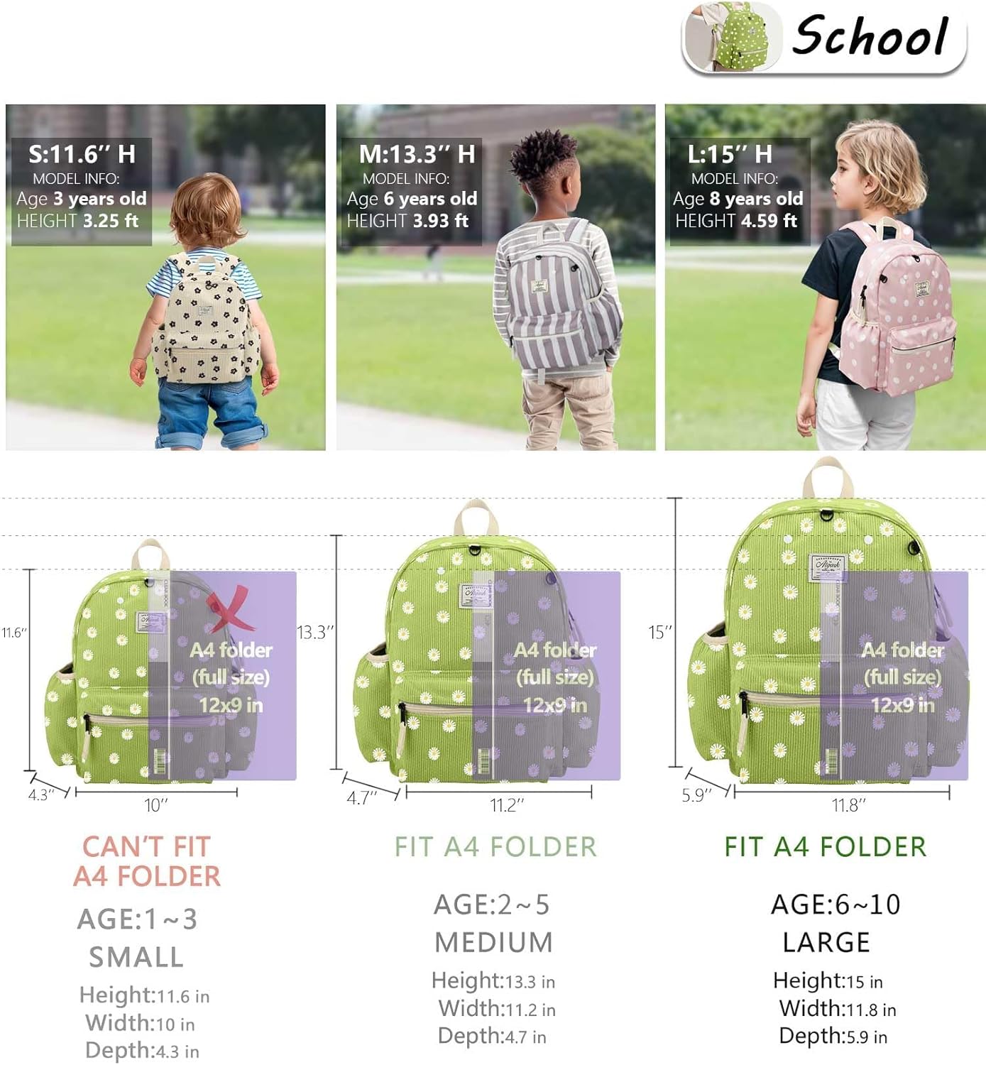 Corduroy Kids Backpack for Girls 6-10: Girls Backpacks for Elementary Kindergarten 15” H Fit Folder