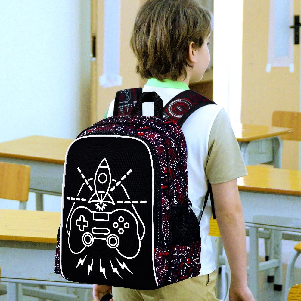 KLFVB 3PCS Kids Backpack, Luminous School Backpacks with Lunch Box, 17" Water Resistant Boys Camo Bookbag for Middle Elementary Teens to School Travel - Luminous Game