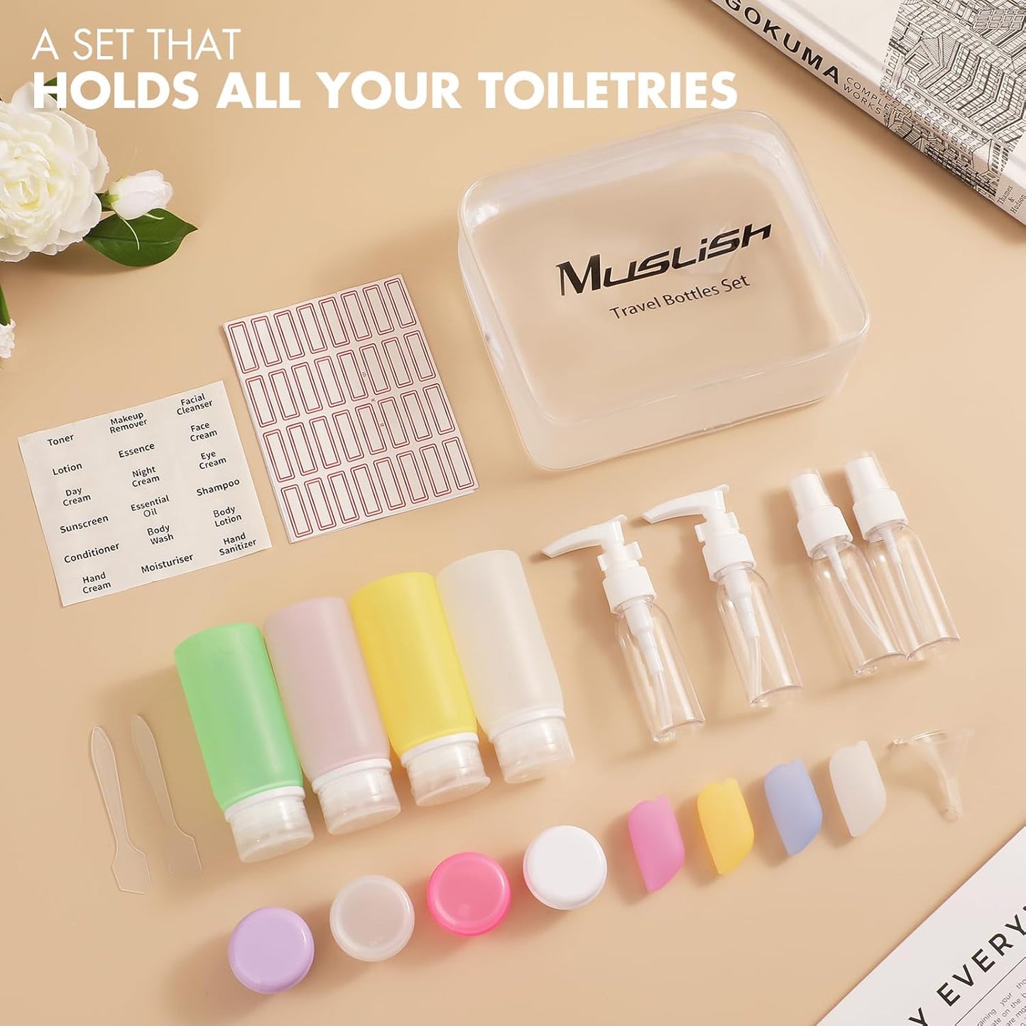 Muslish 21 Pack Leak Proof Silicone Travel Bottles Set, TSA Approved Containers for Toiletries, Travel Size Accessories and Shampoo Conditioner Bottles with Toiletry Bag (BPA Free)
