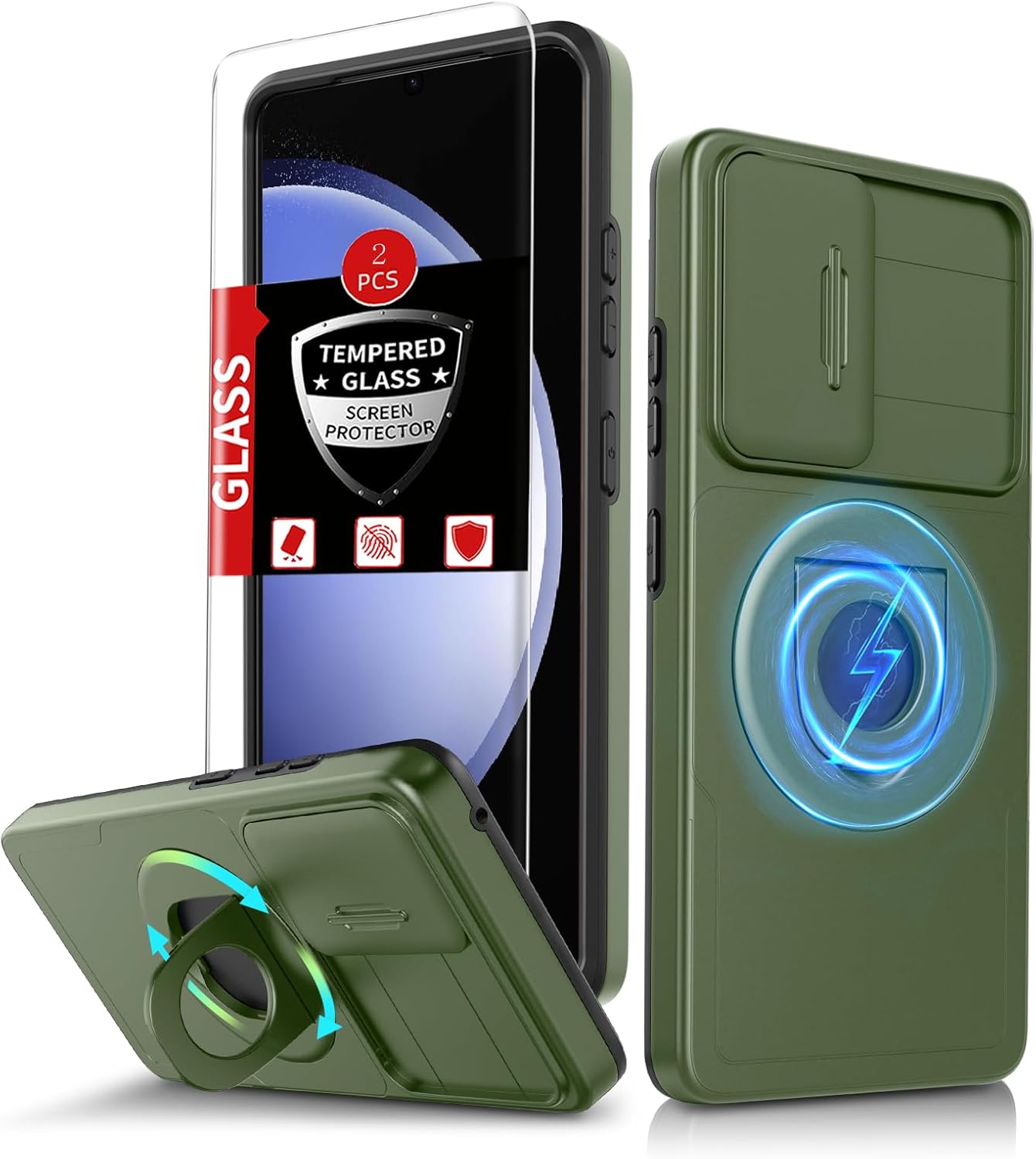 for Samsung Galaxy S23 FE Case Magnetic Compatible with MagSafe Wireless Charging,with 2 Screen Protectors,Built-in Stand Ring+Camera Cover Anti-Scratch Shockproof Heavy Duty Protection Green