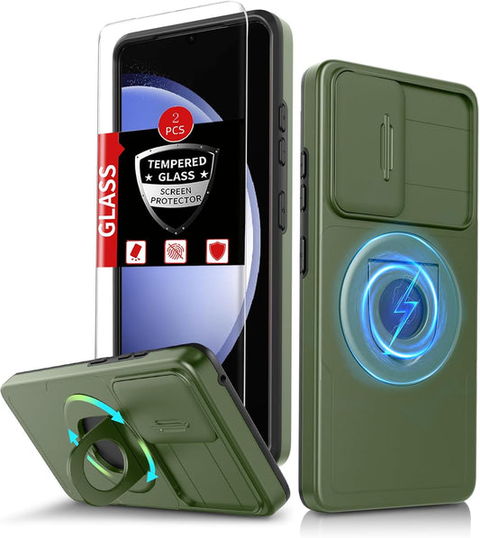 for Samsung Galaxy S23 FE Case Magnetic Compatible with MagSafe Wireless Charging,with 2 Screen Protectors,Built-in Stand Ring+Camera Cover Anti-Scratch Shockproof Heavy Duty Protection Green