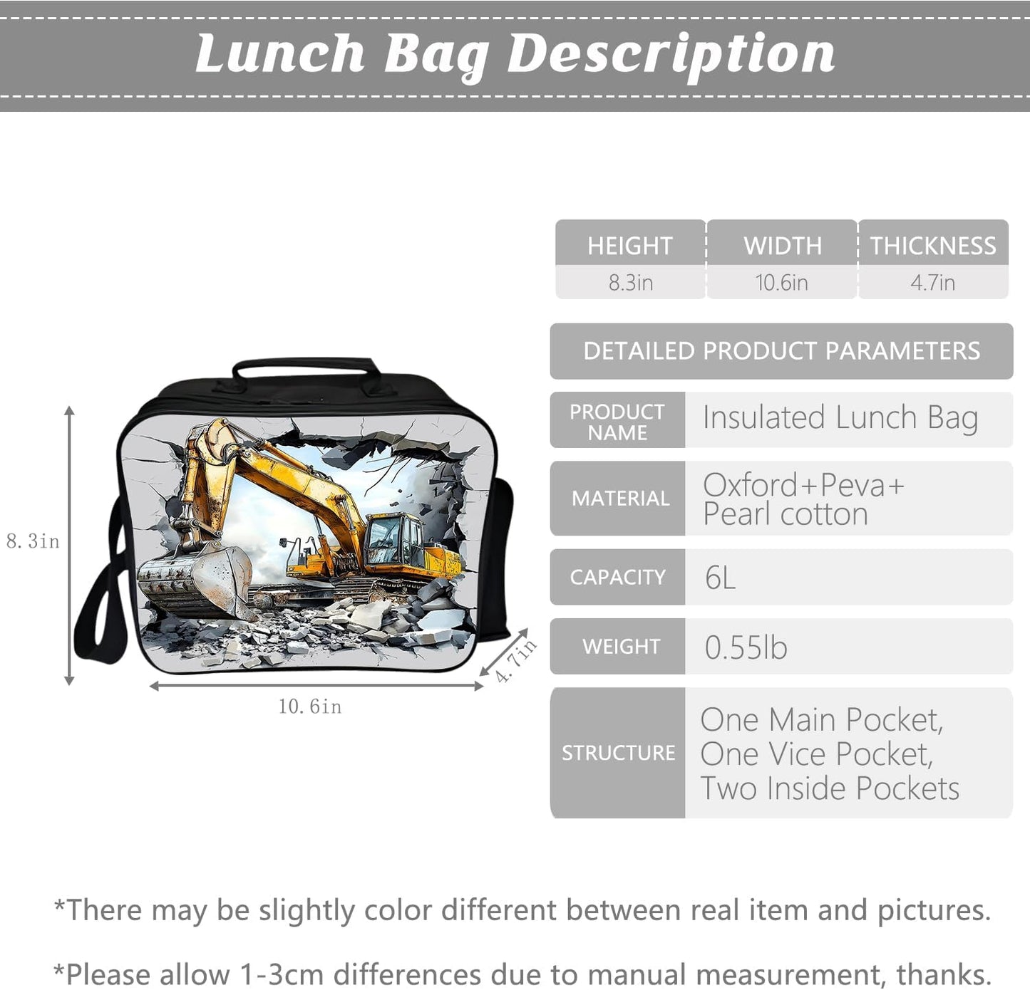Klymax Construction Backpack Excavator Kids Schoolbag with Lunch Box Bag Pencil Bag 3pcs Bookbag Sets for Boys Girls
