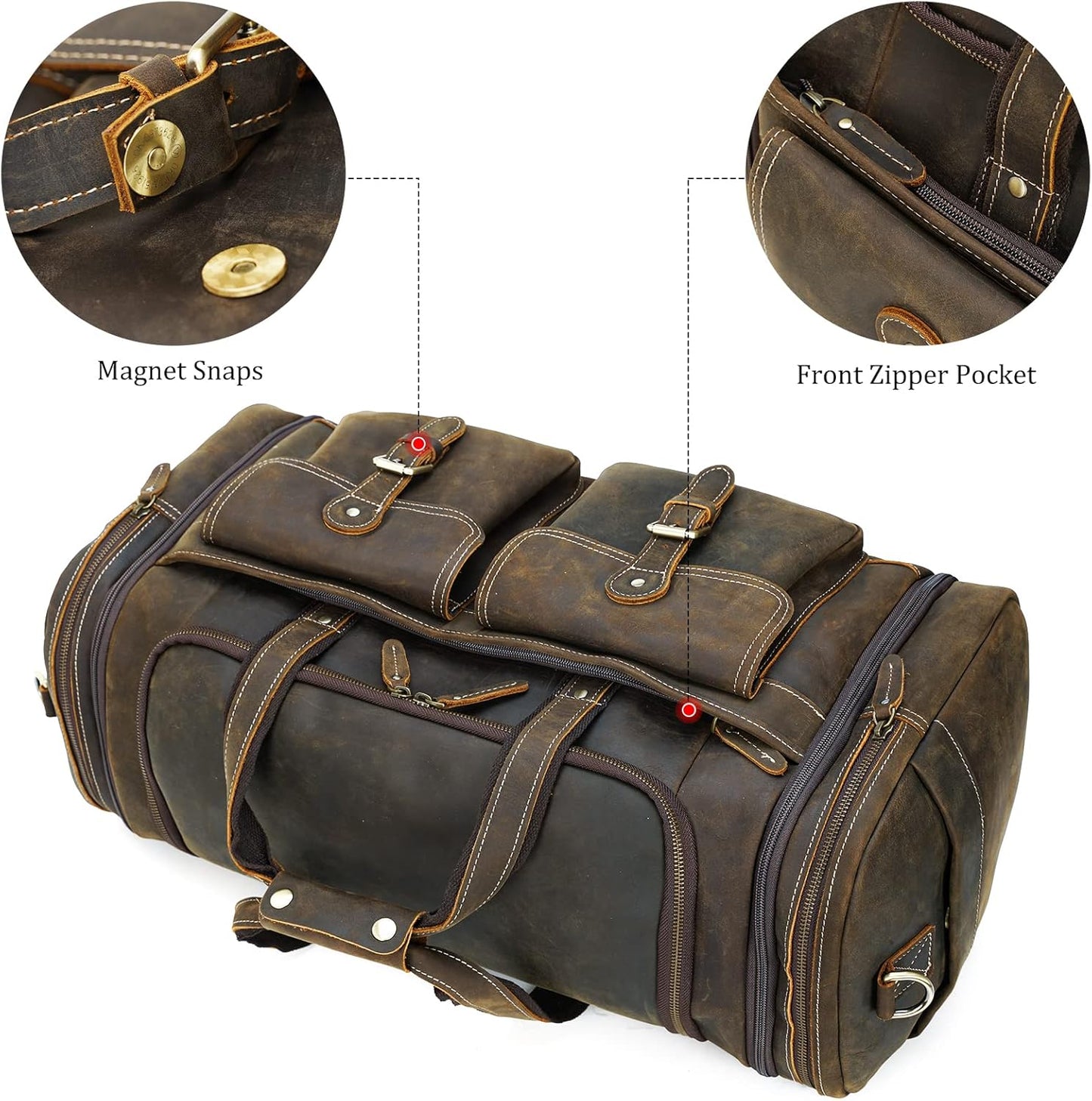 Polare 23" Expandable to 29'' Duffel Retro Thick Full Grain Cowhide Leather Gym Weekender Overnight Luggage Bag For Men