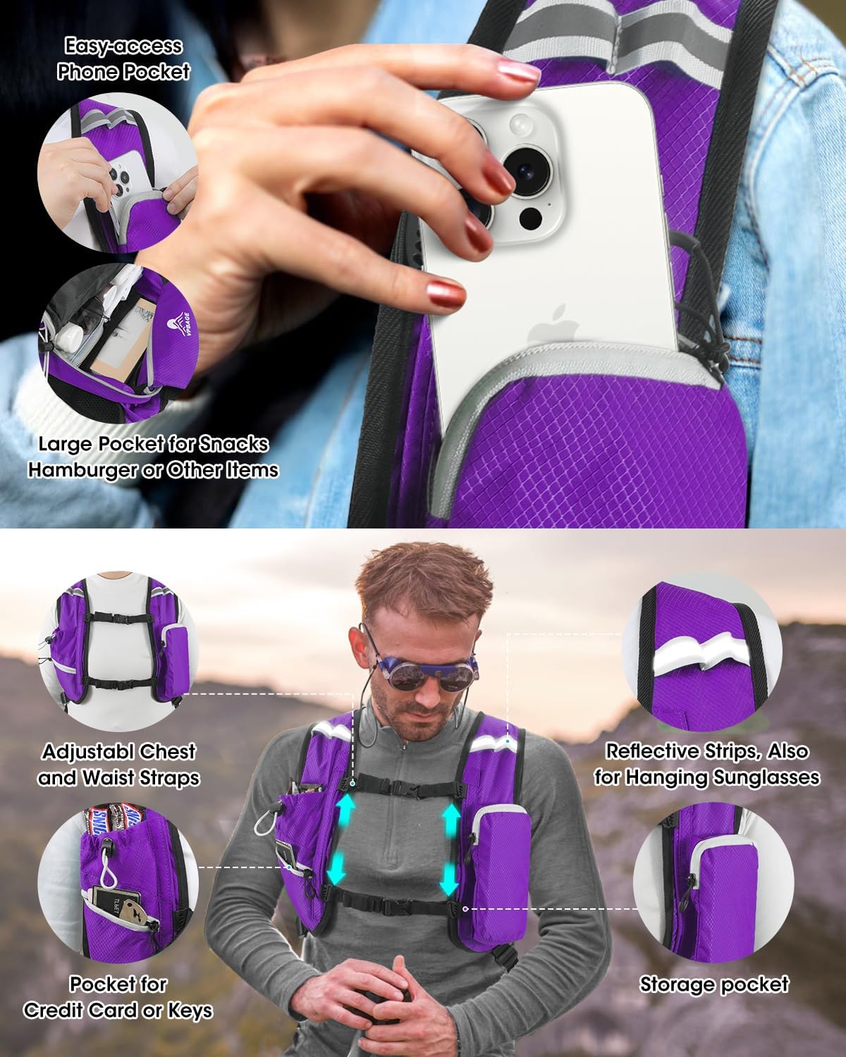 Small Hiking Backpack with Front Phone Holder, Packable Back pack with Chest and Waist Strap