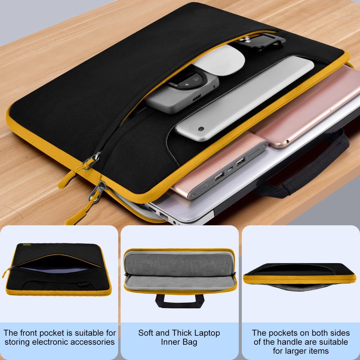 Hseok Laptop Shoulder Bag 15.6-16 inch Case, Durable Shockproof Protective Computer Carrying Briefcase with Multi-Pockets and Strap Compatible with Most 15 15.6 16 inch Notebooks,Black-yellow